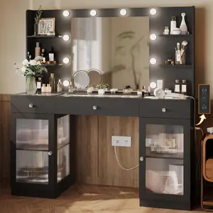 Makeup Vanity with Glass Top, White Vanity Desk with Mirror and Lights, Big Vanity with Drawers & Cabinets for Bedroom, Cute Vanity with Crystal Knobs & Power Outlet for Women