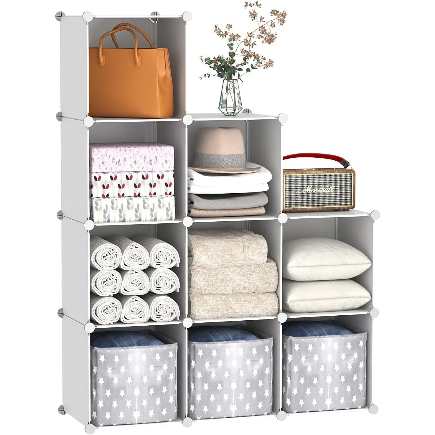 Cube Storage Organizer, 9-Cube Bookcase, Closet Cabinet Milky | DIY Stackable Bookshelf, Plastic Modular Shelving Units Ideal for Home, Office, Kids Room, 36.6" L x 12.4" W x 48.4" H