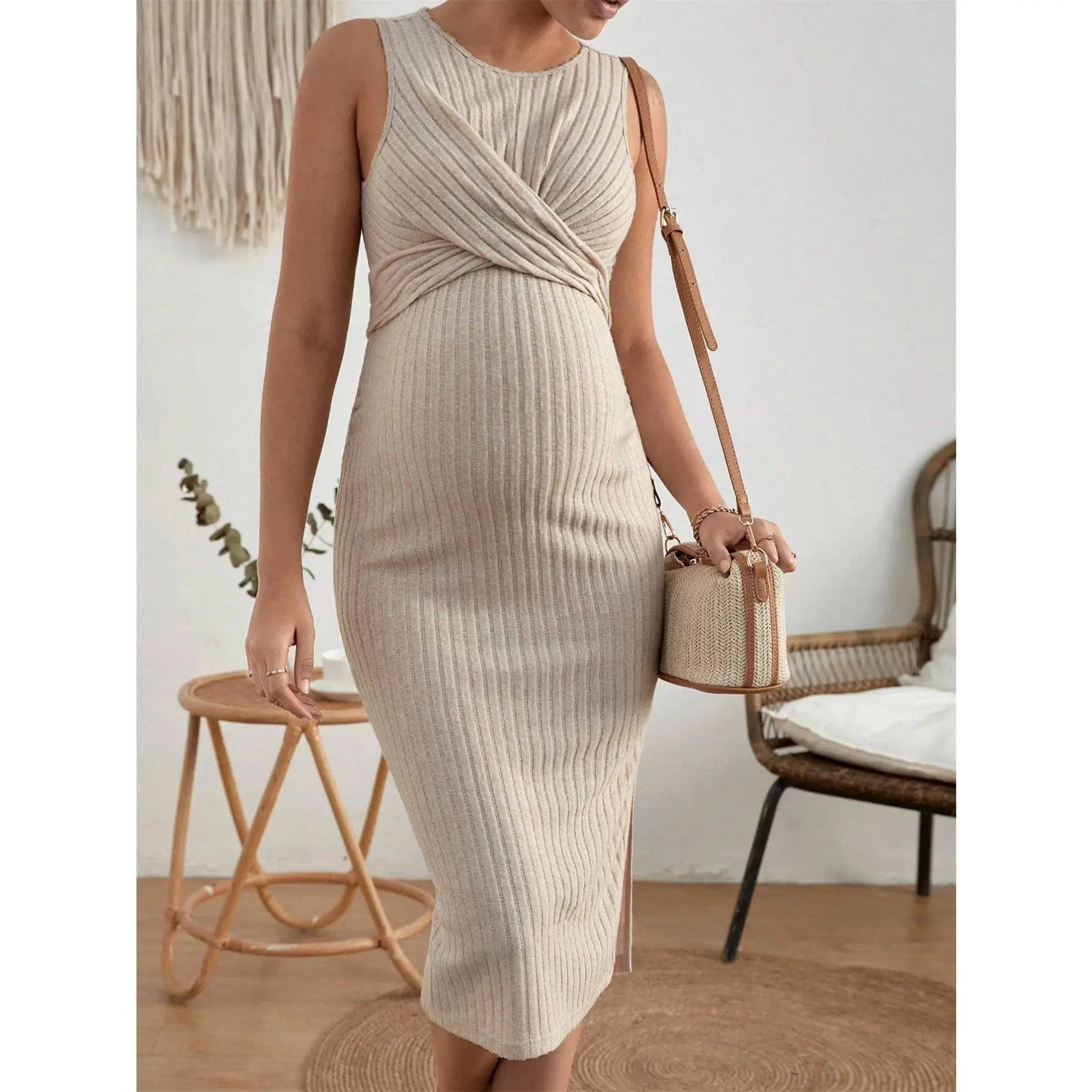Pregnancy clothesWomen's Maternity Solid Color Crew Neck Sleeveless Bodycon Dress - Maternity Clothing, Summer Casual, Comfortable