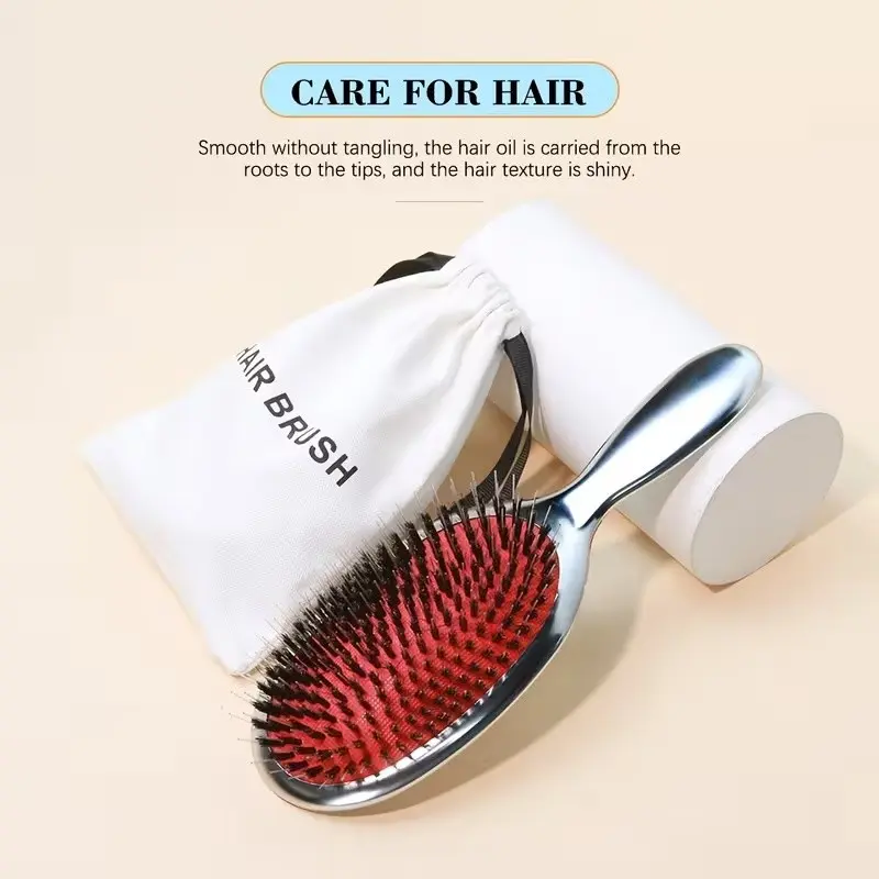 2pcs Electroplated Matte Massage Comb, Boar Bristle Hairbrush, Styling Tool for All Hair Types, Large Hair Brush with Storage Bag