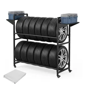 44" x 16" x 44" Tire Storage Rack , Adjustable Rolling Rack with Anti-Dust Cover, 4 Swivel Casters and 2 Storage Shelves Fit Tires Garage Organization, Black
