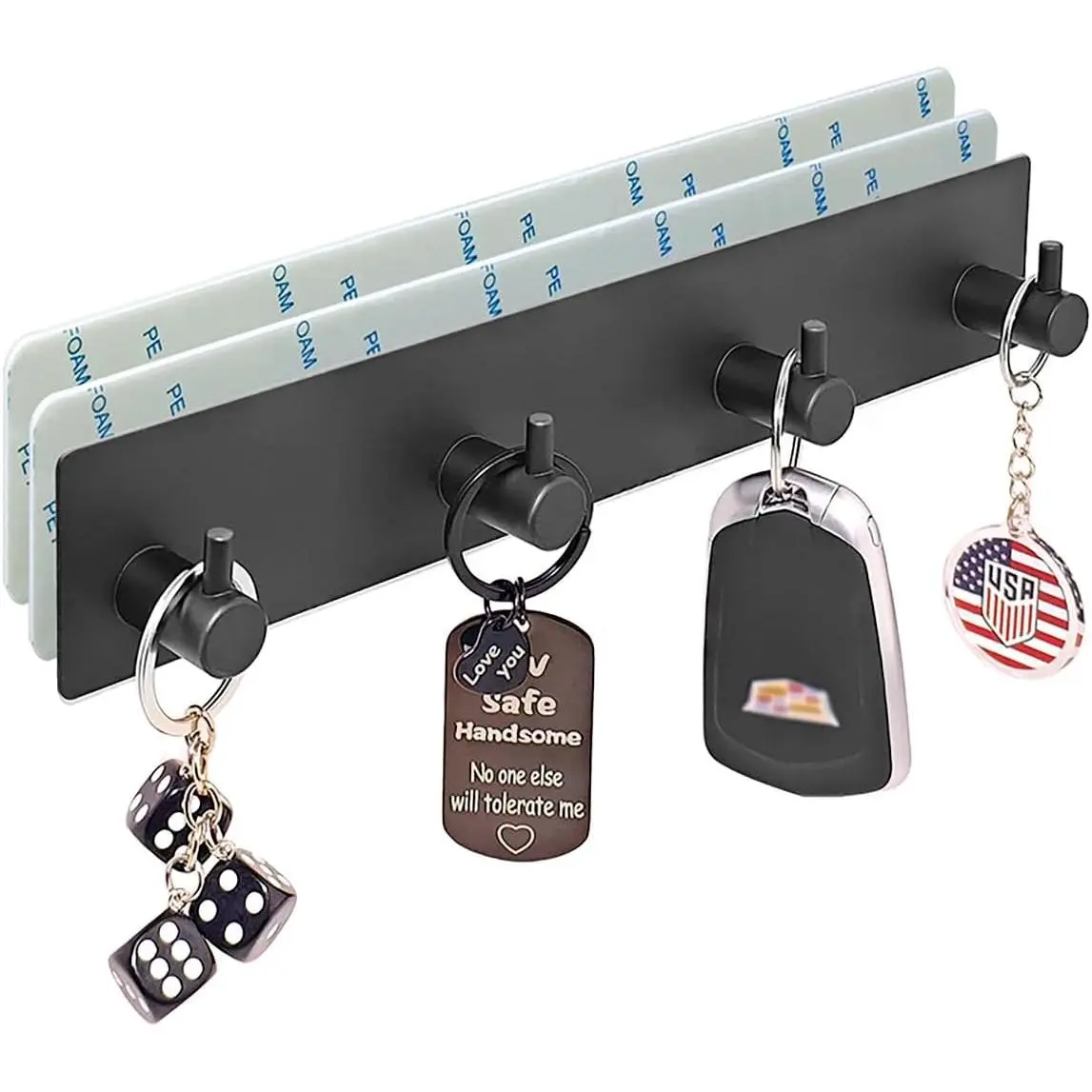 Key Holder for Wall with 2 Self-Adhesive Tapes, Black | Key Hanger Organizer for Wall with 4 Hooks,Metal Key Rack for Door, Entryway, Kitchen Bathroom