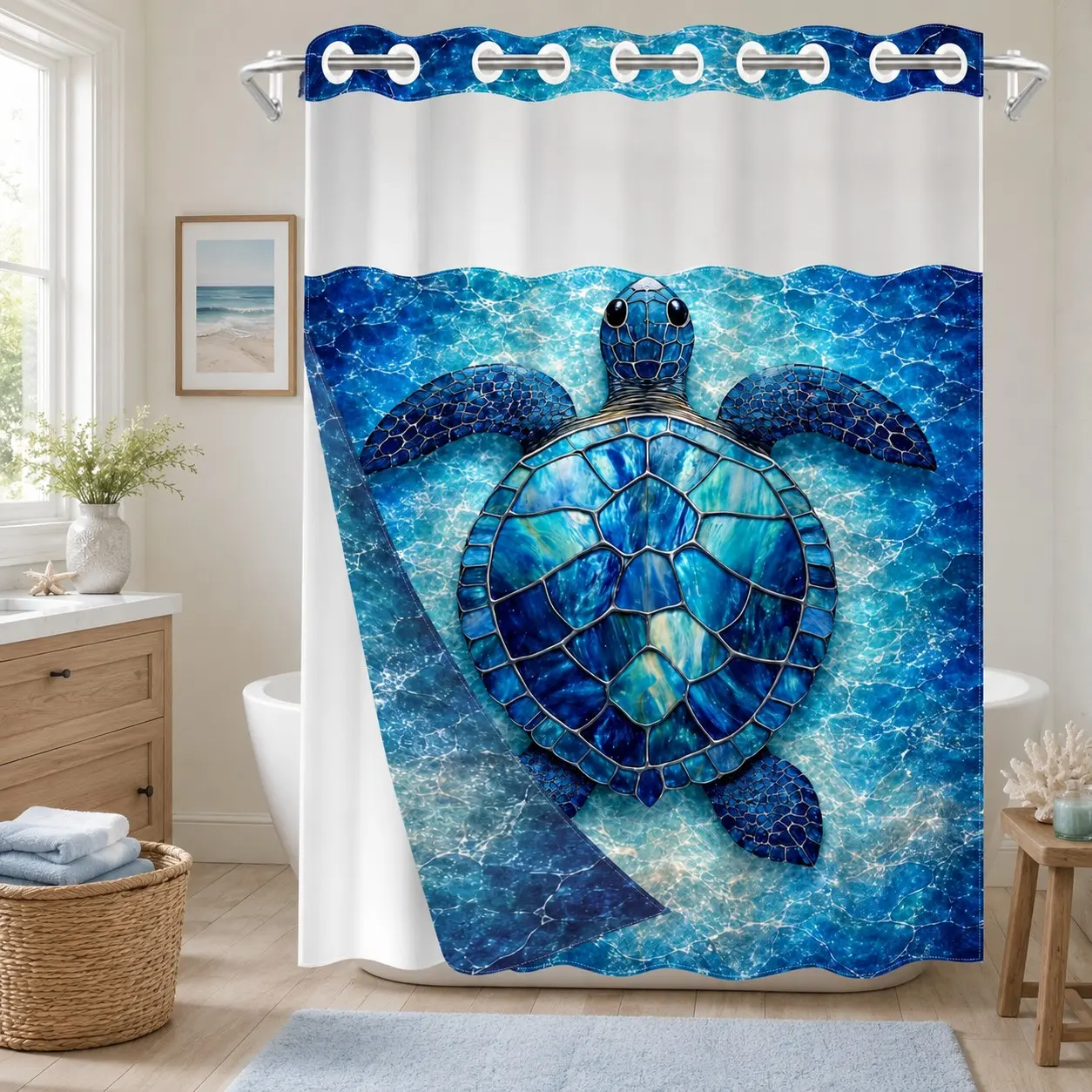 1Pc Hookless Double Layer Bathroom Shower Curtains Set, Blue Stained Glass Sea Turtle Print, Snap-In Waterproof Mildew-Resistant Liner, Fabric Outer Curtain with Sheer Viewing Window, 71×74 Inch, Machine Washable, for Home, Hotel Bathrooms