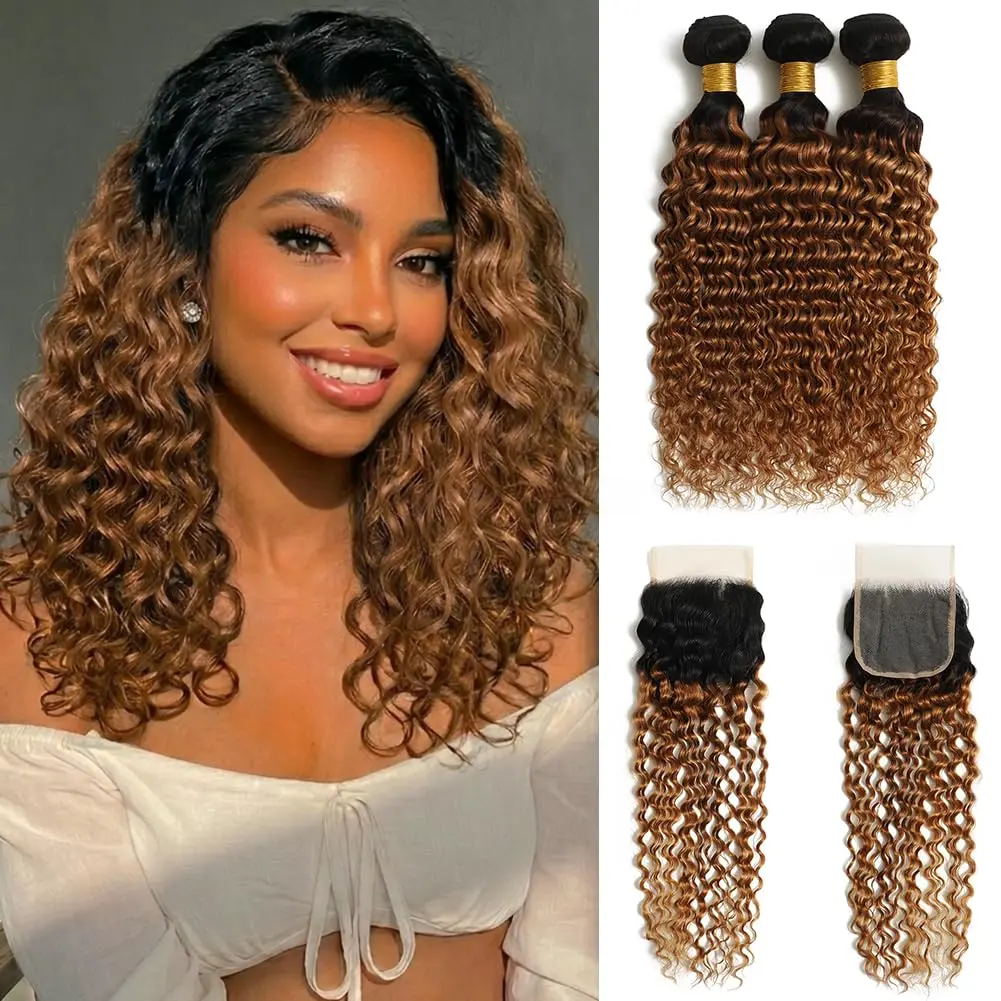 Highlight Ombre Deep Wave Human Hair  with Closure (10 12 14+10Inch) Two-Tone T1b/30 Golden Brown Ombre Curly 3  with 4x4 Transparent  Lace Closure Free Part For Black Women