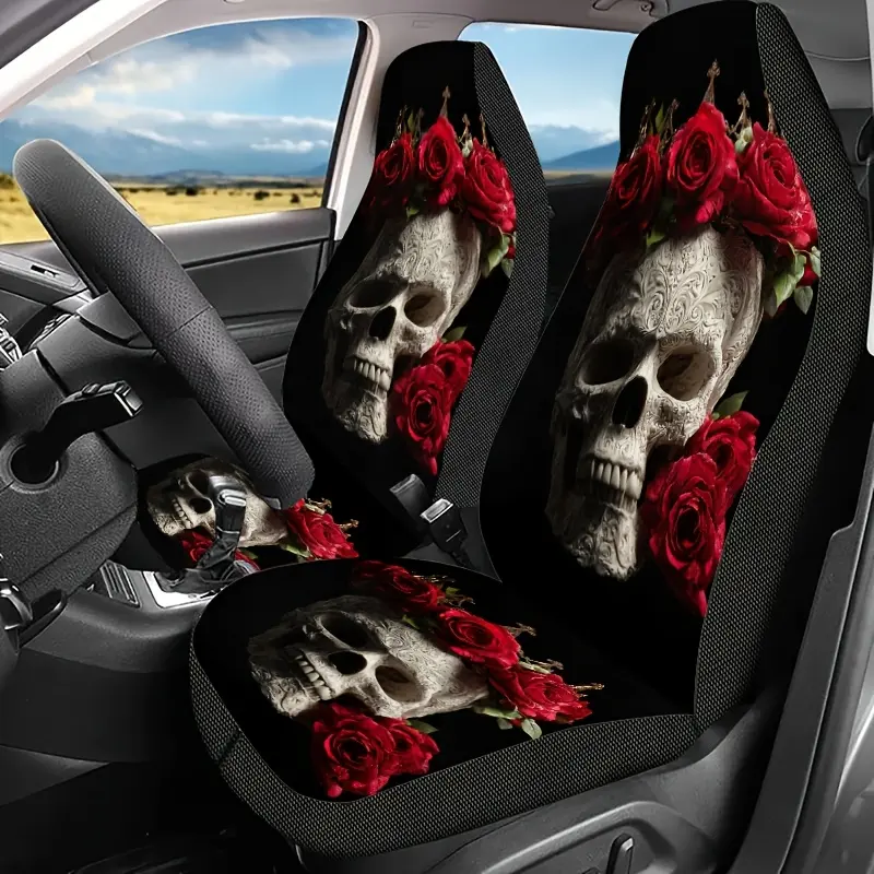 Valentine's Day Carved Skull and Rose Print Single-Seat Car Seat Cover, Easy to Clean Unisex Front Seat Protector, Car Accessory, Car Seat Accessories, All-Season Front Seat Cover, Suitable for Sedans, SUVs, Trucks, and Van Front Bucket Seat Protector