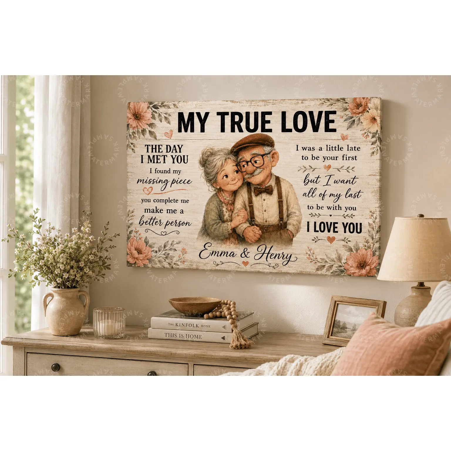 Romantic Elderly Couple Love Poster, Vintage Floral My True Love Canvas Wall Decor, Sweet Husband and Wife Art for Bedroom, Living Room, Anniversary, Wedding, Valentine’s Day and Couple Gift