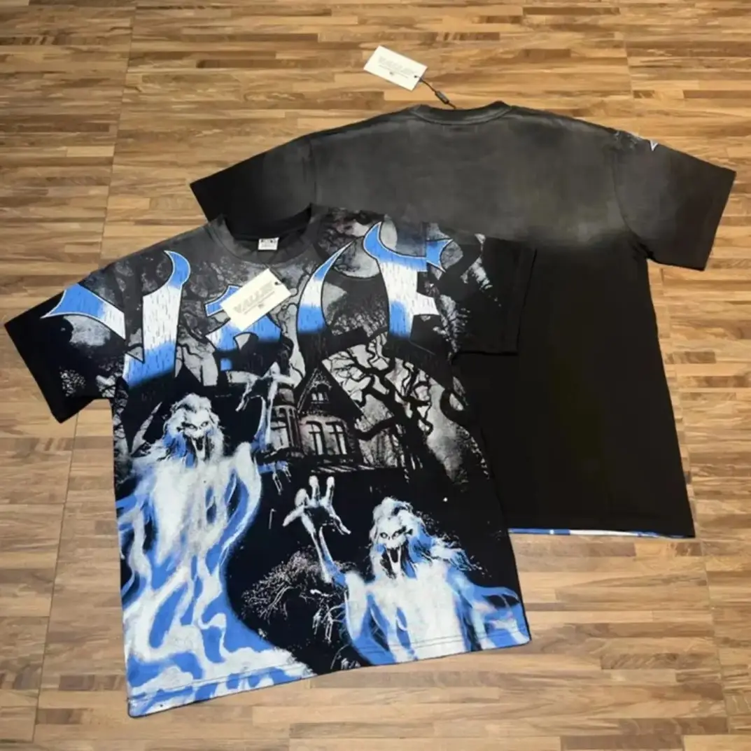 VALLEY Washed T-Shirt with Ghost Graphic, 100% Cotton Vintage-Style Statue Logo Print Crew Neck Loose Oversized Fit Tee, Hip-Hop High-Street Casual Streetwear Shirt, Unisex Graphic Top for Men Women