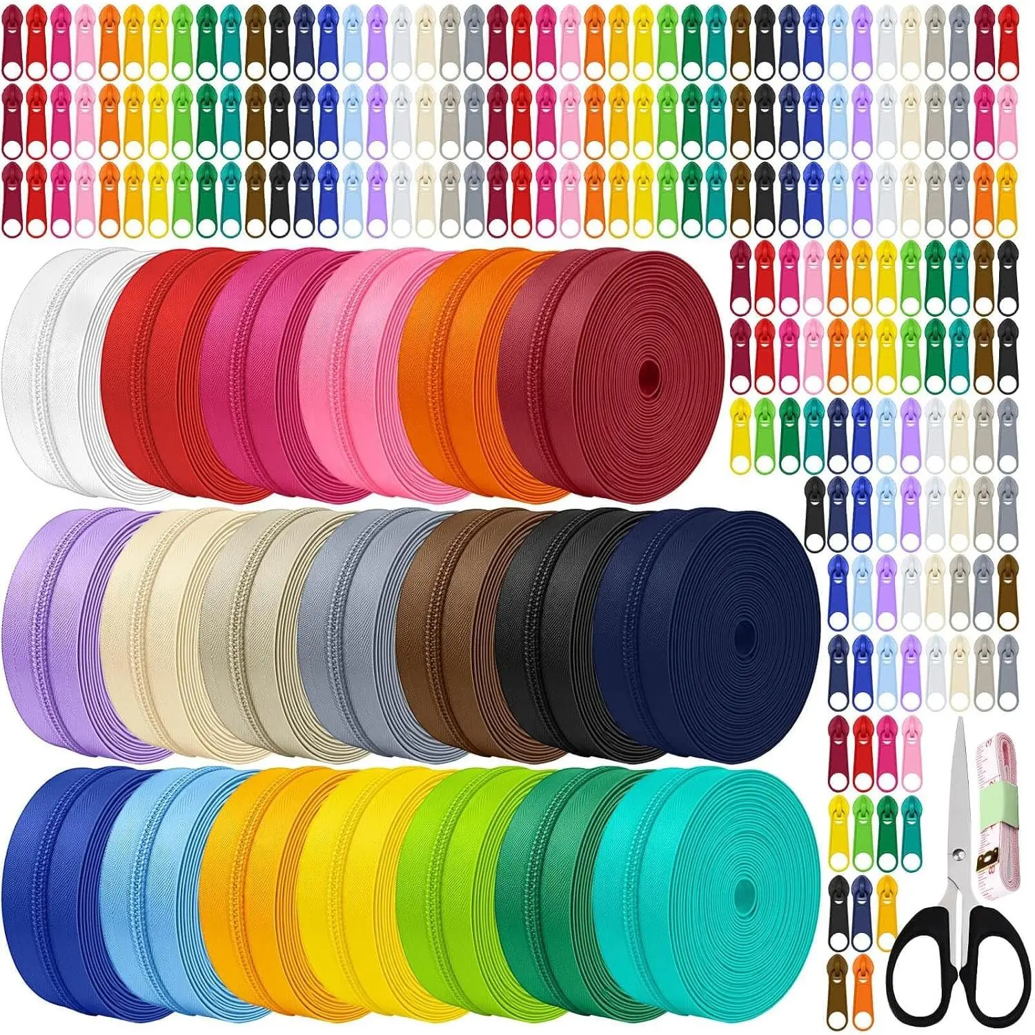 60 Yards 20 Pcs Sewing Colors Zippers Bulk #5 Nylon Coil Assorted Lengths Sewing Zipper with 200Pcs Pull Heads, for DIY Sewing, Bag Pack, Crafts Zipper Tape for Clothes, Purse Making Supplies Kit