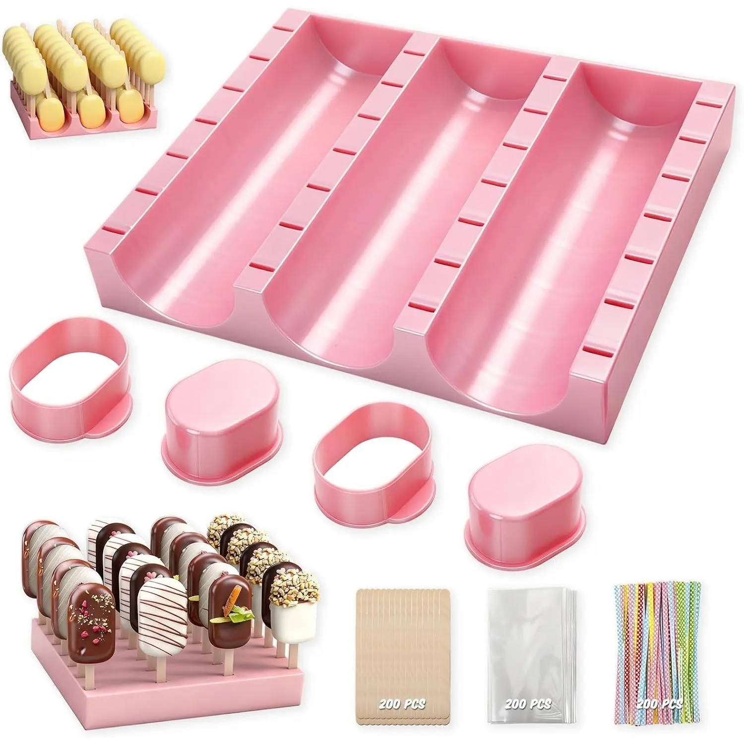 2 Pcs Cakesicle Cutter with 9 Inch Tray, Cake Pop Mold Set with Display Stand and 3 Types of Packaging Accessories, Baking Tools for Home, Birthday, Parties, Wedding Desserts