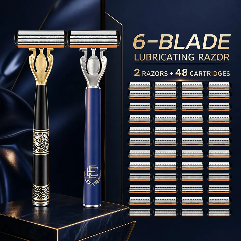 Luxury Manual Shaving Razors Set for Men, 2 Handles with 48 Replacement Blades, Ultra-Thin Sharp Blades, Lubricating Strip, Floating Head, Dry/wet Shave