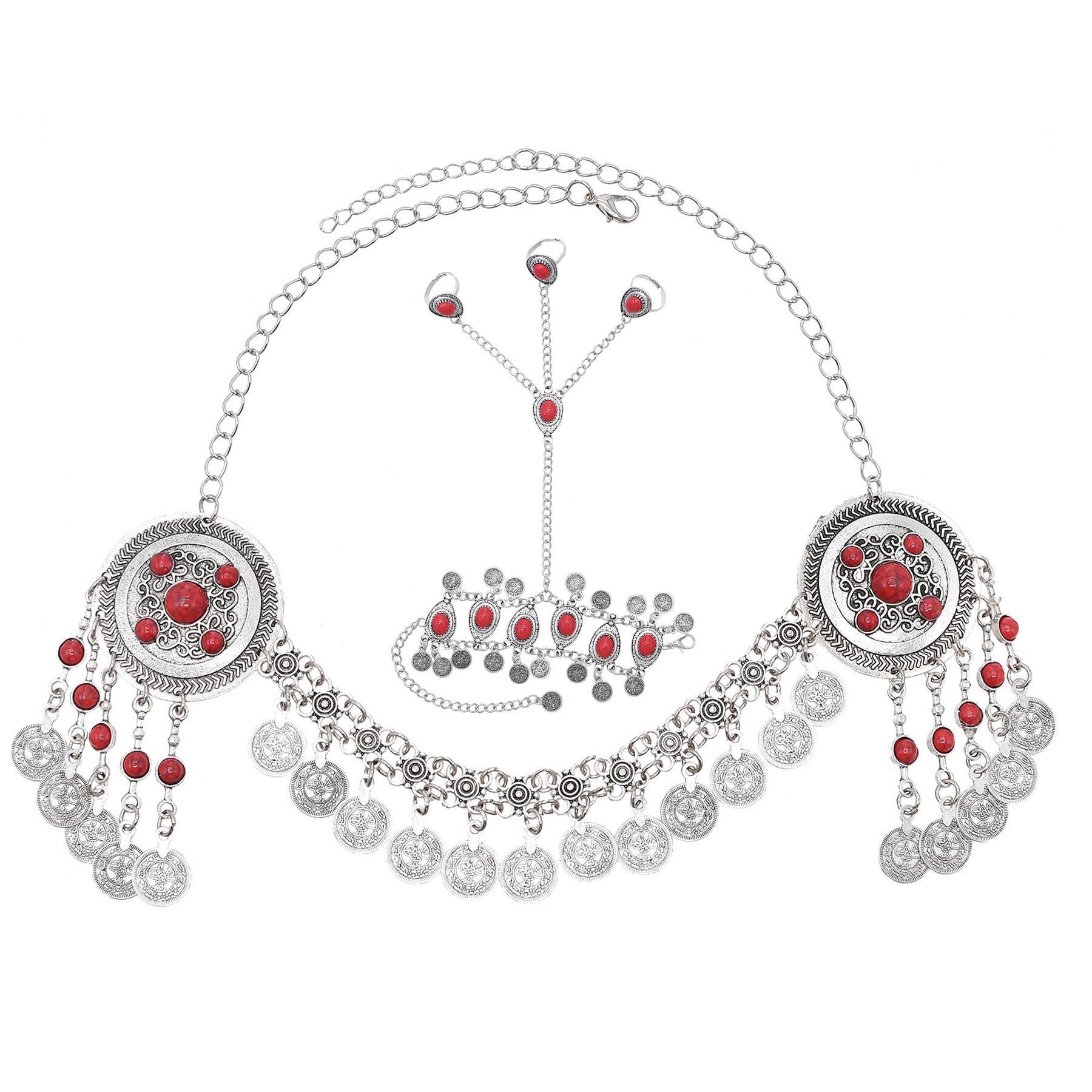 Traditional Kazakhstan Ethnic Coins Bracelet Hair Accessories  for Women Vintage Nepalese Tibetan Clothing Headwear Jewelry Set