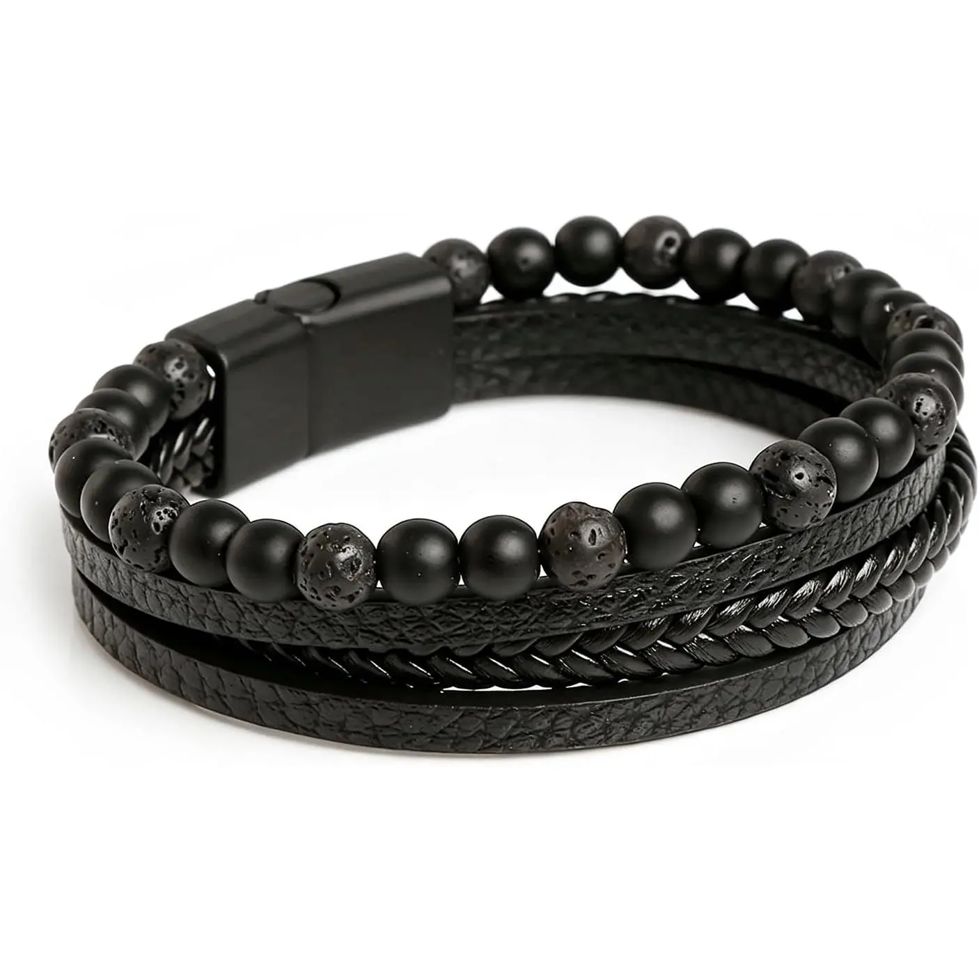 Mens Bracelet Leather Black Multi-Layer Stone Beads Steel Clasp  Rope Bands Surfer Man Wristband Obsidian Retro Braided Male  Jewellery  for Boyfriend Dad Son  (21cm)