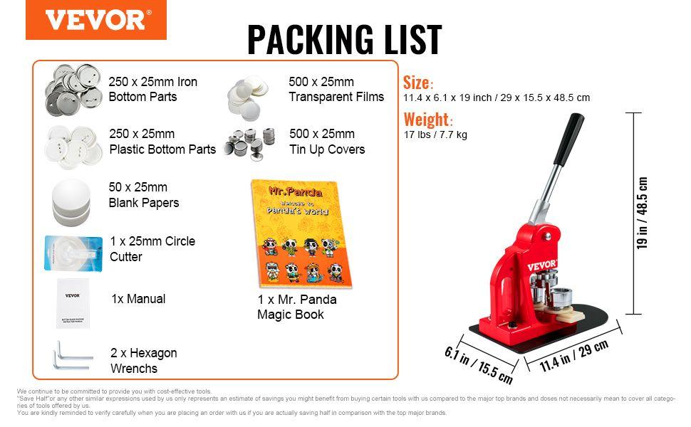 VEVOR Button Maker Machine Badge Pin Machine 1" 25 MM 500 Free Parts Press Kit