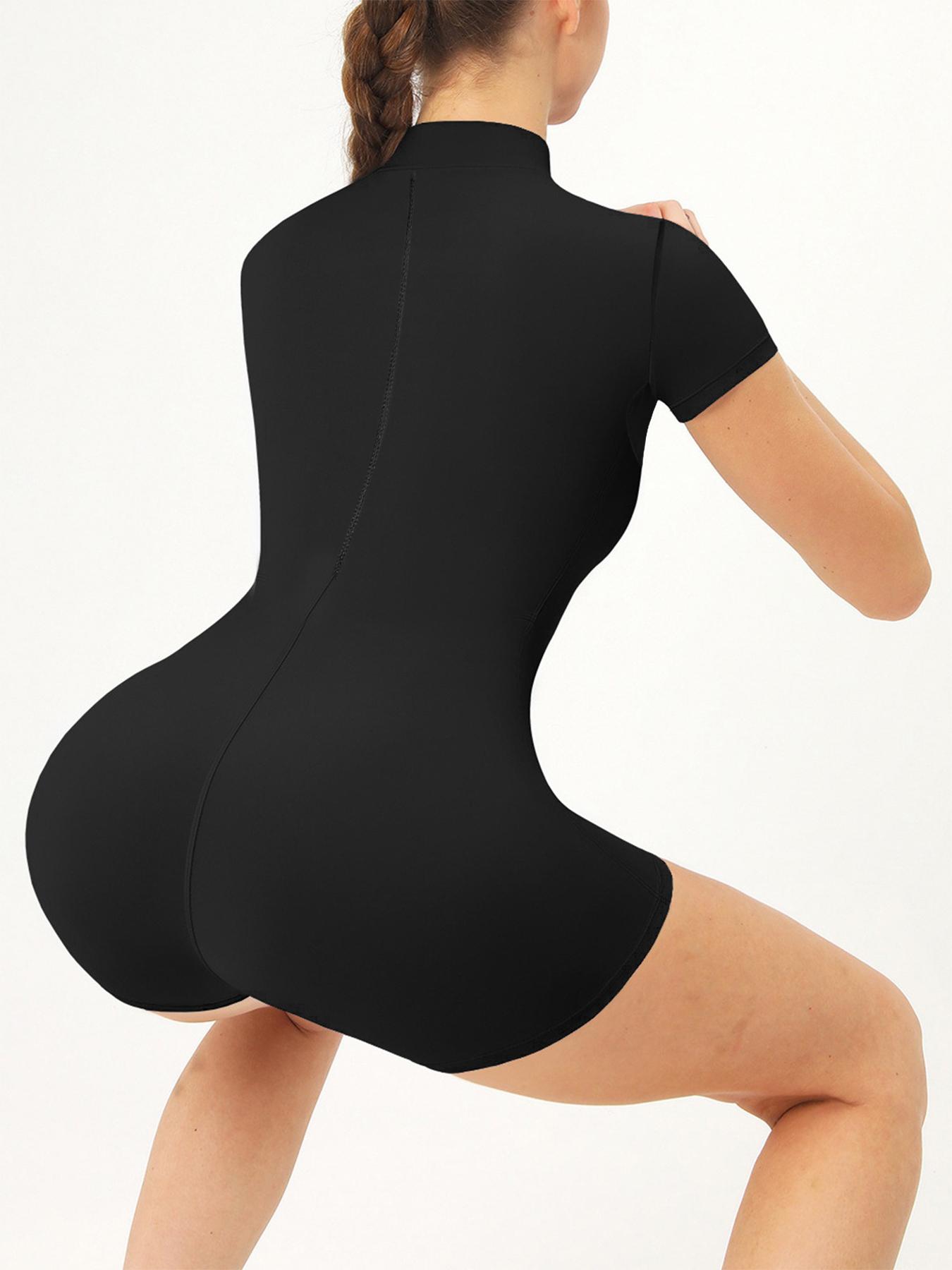 Women's One-Piece Sauna Jumpsuit, Zip-Up Yoga Romper, Tight-Fit Above-Knee Sportswear, Short Sleeve, Summer, Sporty Comfy Jumpsuit