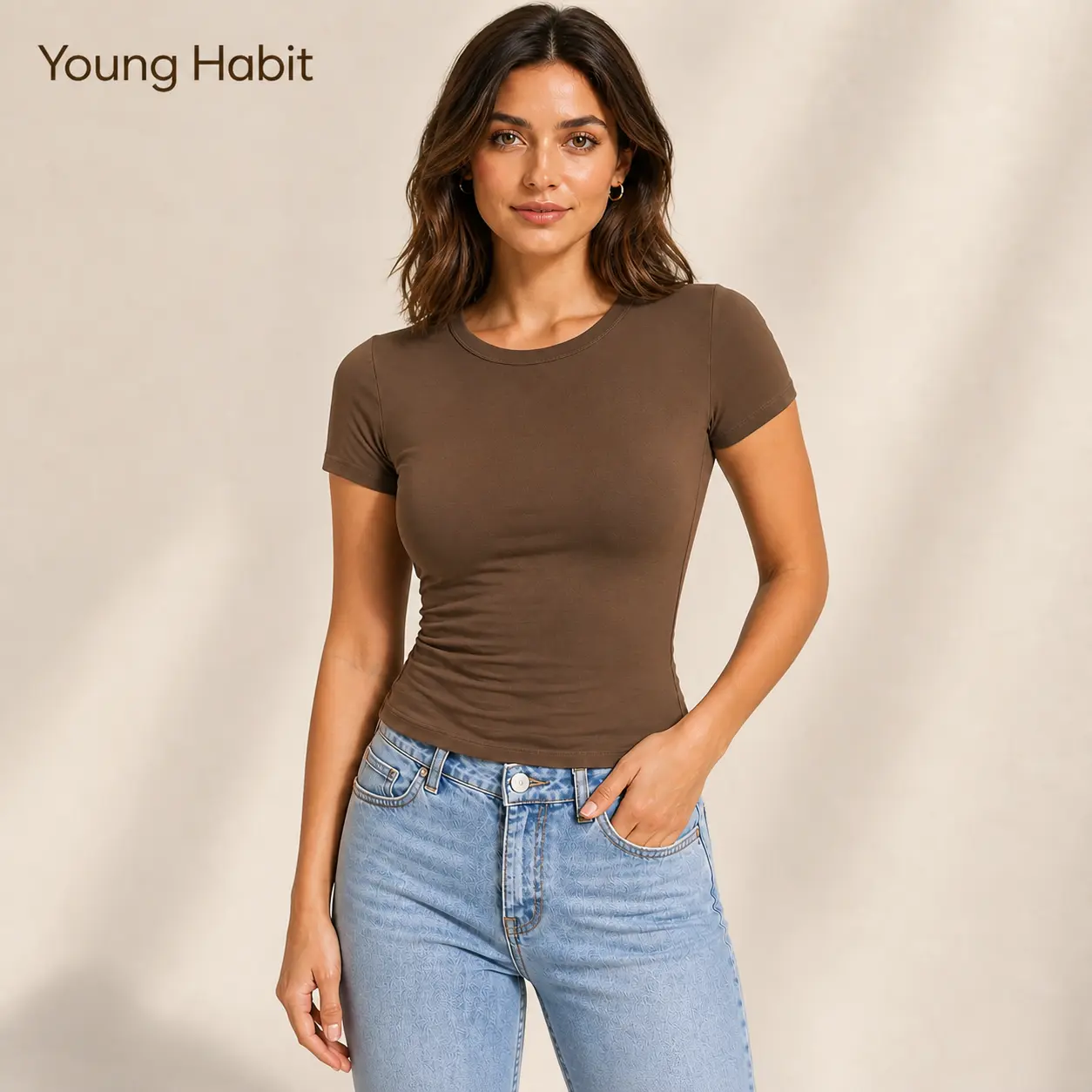 Young Habit Women’s Short Sleeve Crew Neck Bodysuit, Solid Mocha Brown Fitted One Piece Top, Casual Basic Tee Bodysuit for Everyday Outfits, Layering, Weekend Wear, Office Looks, Going Out, Spring, Summer and Fall