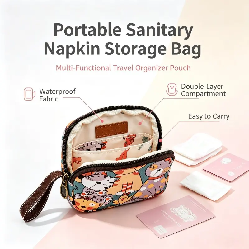 Portable Sanitary Pad Storage Bag, Waterproof Dual-Layer Tampon Case, Cute Cartoon Print Mini Coin Purse Makeup Bag, with Handle for Women Students
