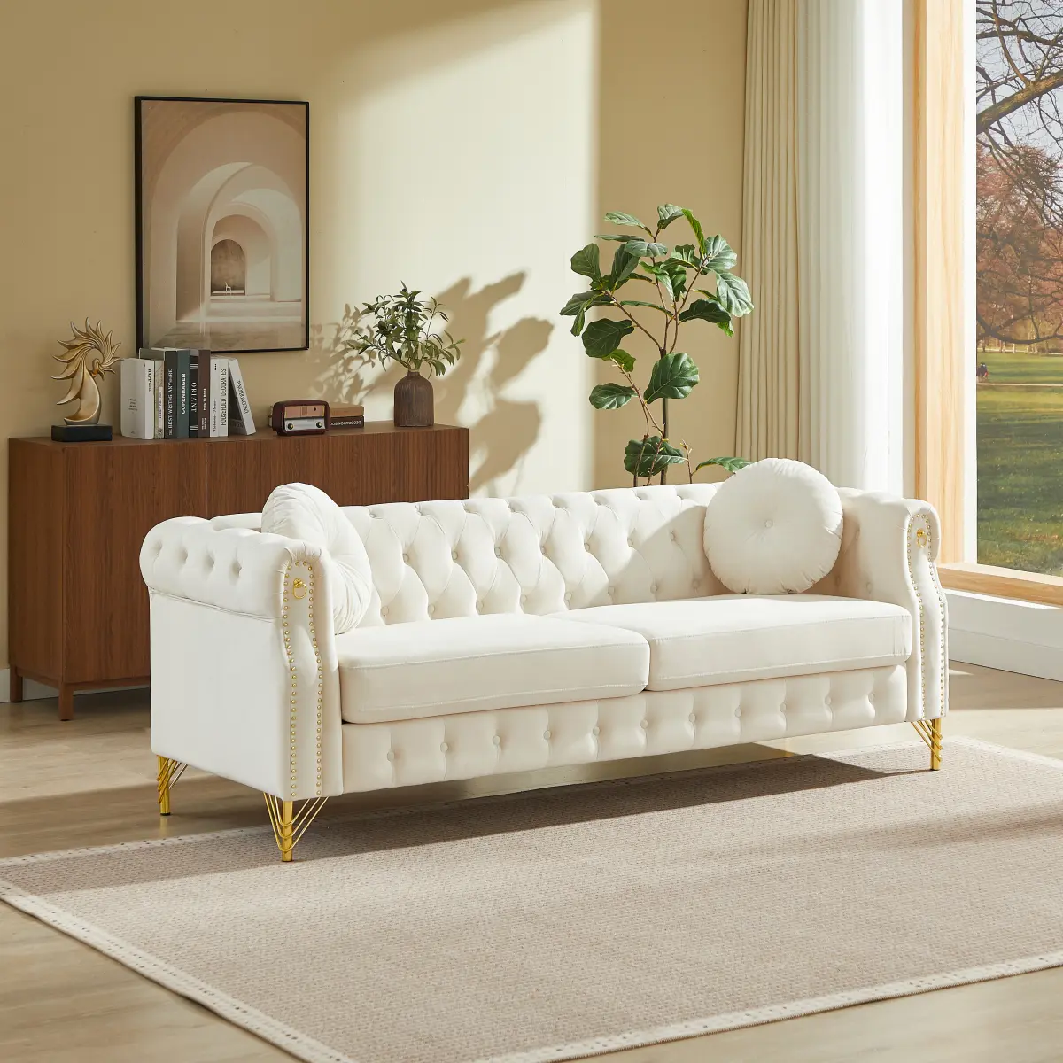 Mid Century Modern Chesterfield Couch, Velvet Sofa with Button Tufted & Rivet, Upholstered Comfy Sofa with Armrest Ring & Gold Leg, Cozy Cloud 3-Seater Couch for Living Room(82" W, Beige)