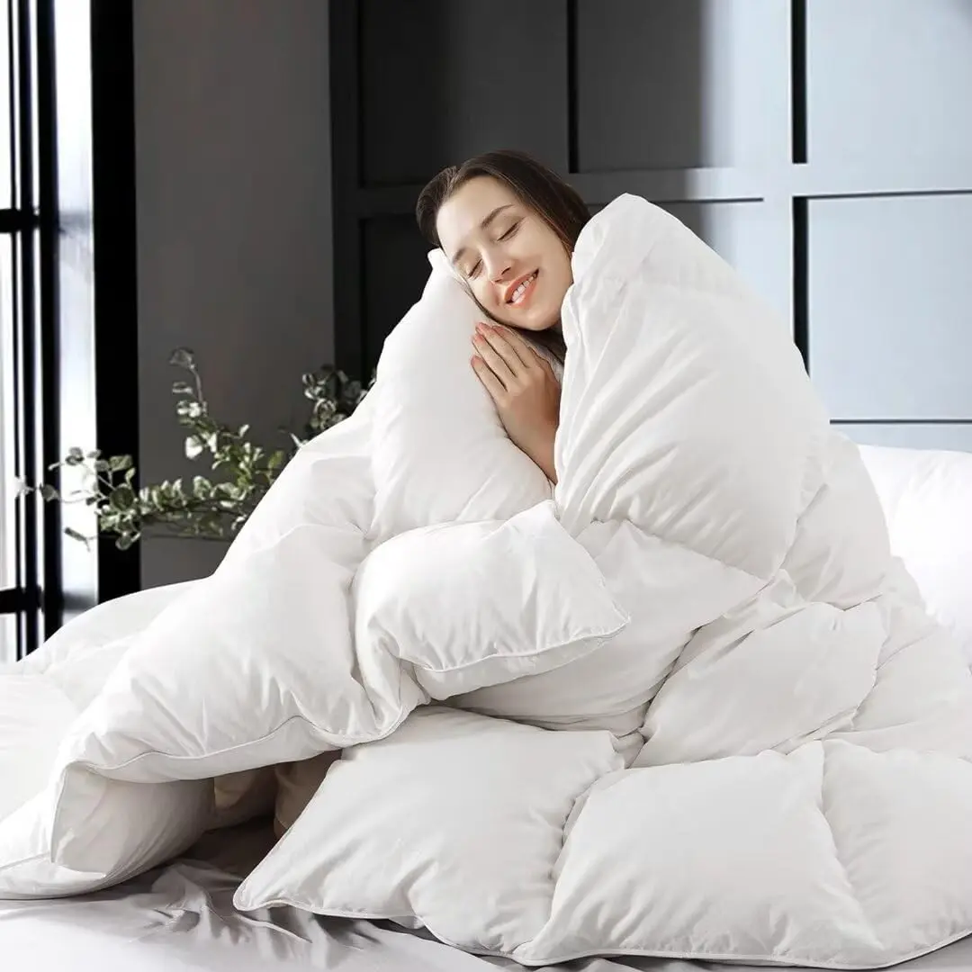 White Queen Size Feather Down Fiber Comforter, Filled with Feather and Down Fiber, All Season Fluffy Ultra Soft 100% Cotton Duvet Insert, Luxury Hotel Bedding Style, 90"x90"