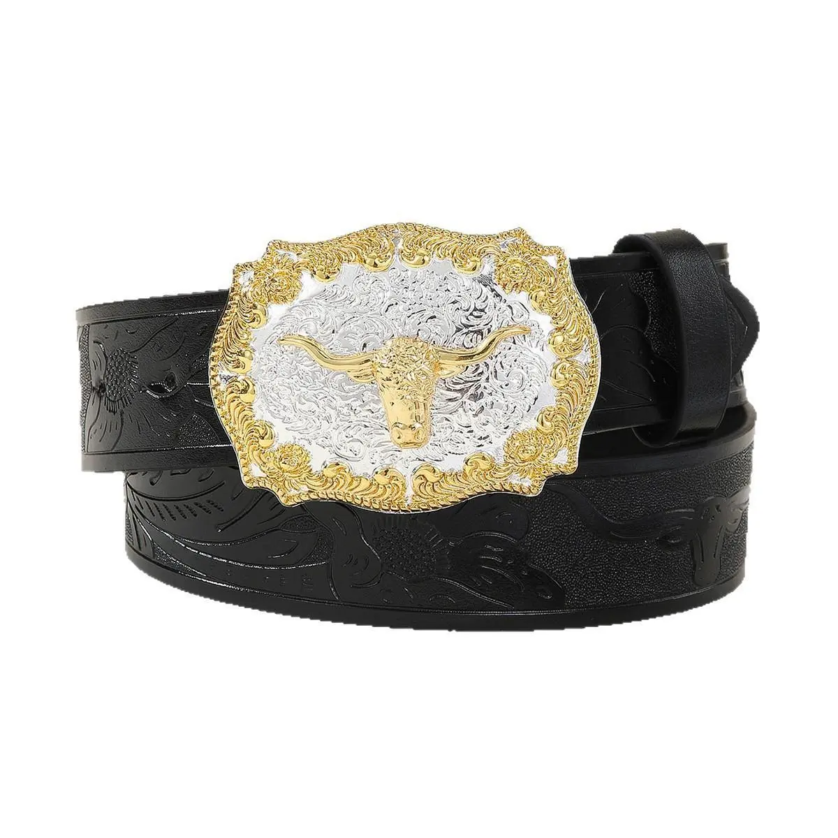 Men's Western Cowboy Belt - Vintage Black Durable Heavy Duty Leather Cowboy Waist Belt with Ornate Bull Head Buckle (Silver-Gold Finish), Durable Belts