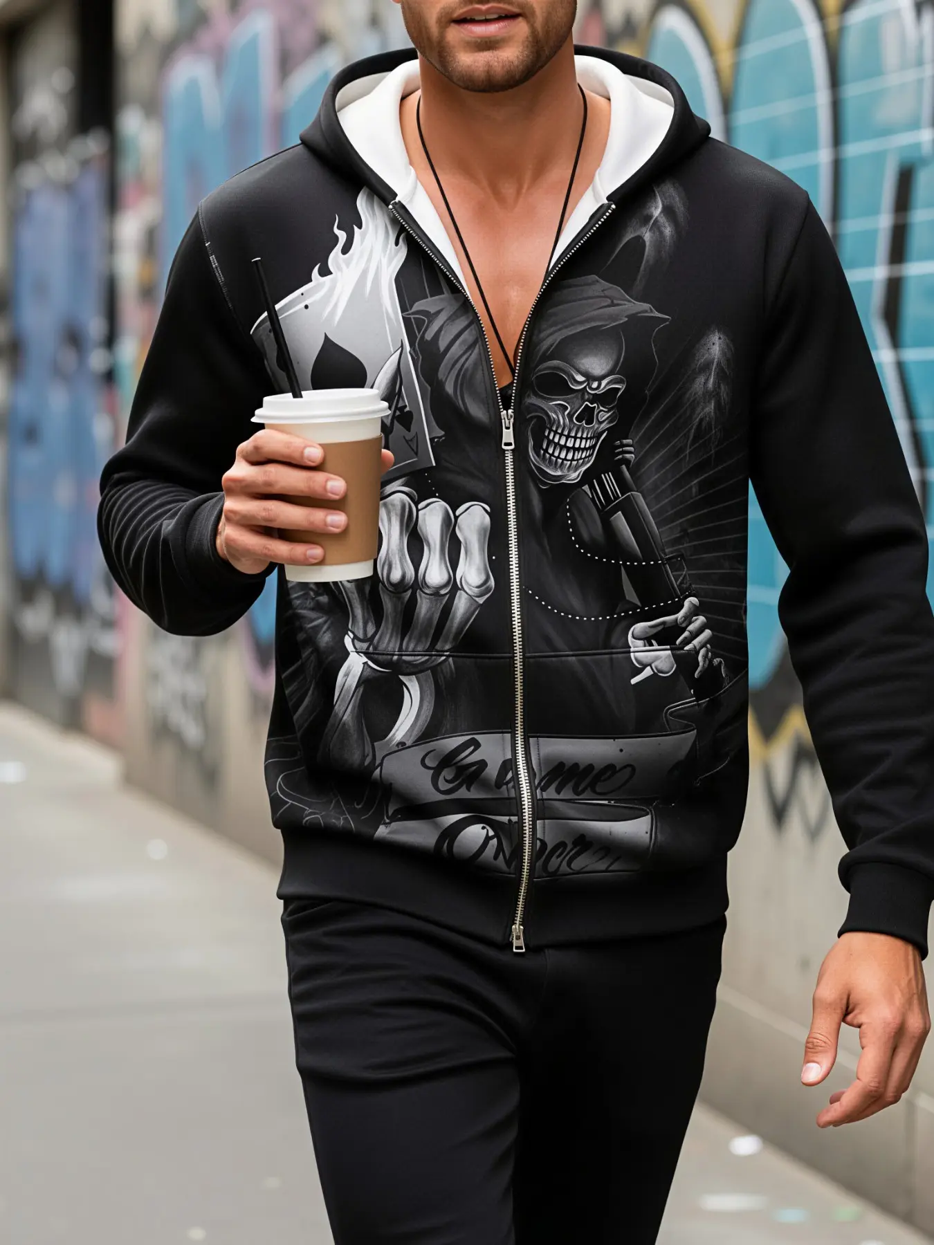 Vintage Dark Poker Skull Print Plus Size Mens Zip Up Hooded Jacket, Wrinkle Resistant Comfort Fabric, Oversized Cut For Adult Male Halloween Gathering Weekend Trip, Popular Gothic Pattern Mens Outerwear Fashion