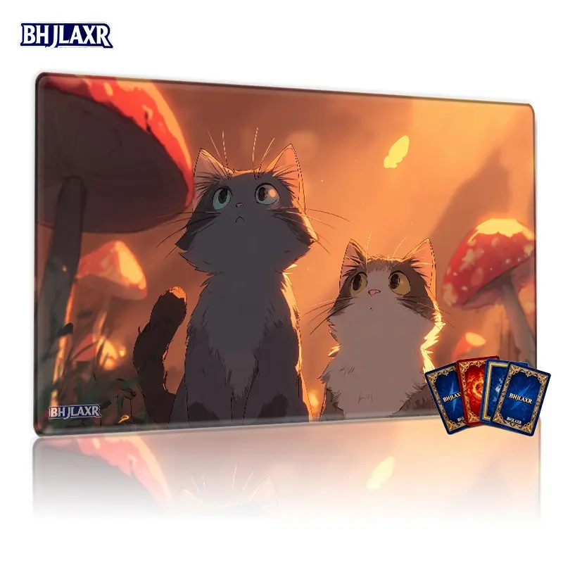 Whimsical Sunlit Forest Cartoon Cats MTG Playmat 12x24inch Non-Slip for TCG MTG Card Games, Family Gathering & Gift, Magical Glowing Mushroom Forest Design