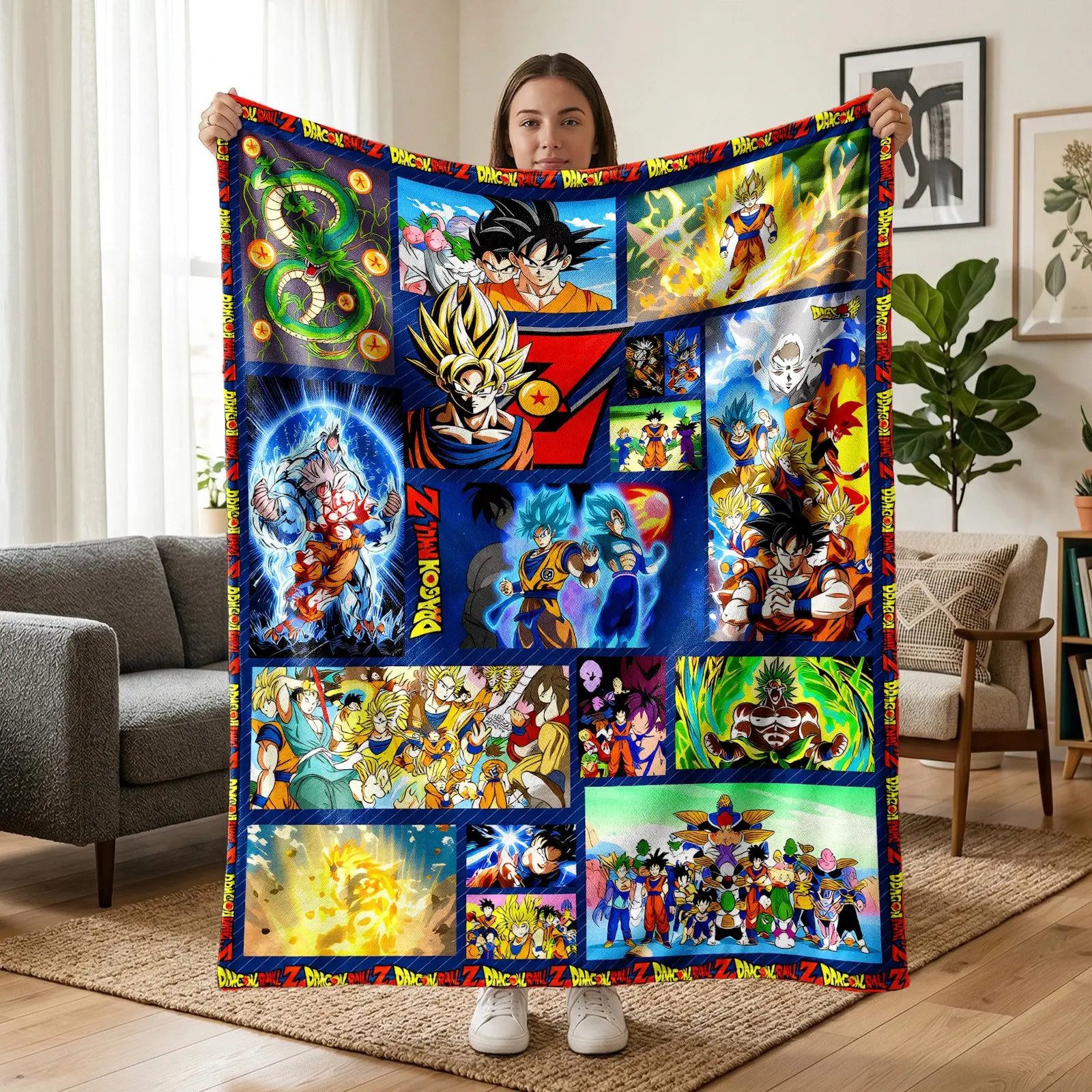 1pc Dragon Ball Anime Collage Fleece Blanket, Goku, Vegeta, Super Saiyan Forms, Shenron & Classic Characters All-Over Print, Hot-Blooded Japanese Anime Style. Multiple Styles Available, Soft Throw for Sofa, Bed, Office, Camping, Perfect Christmas Gift.