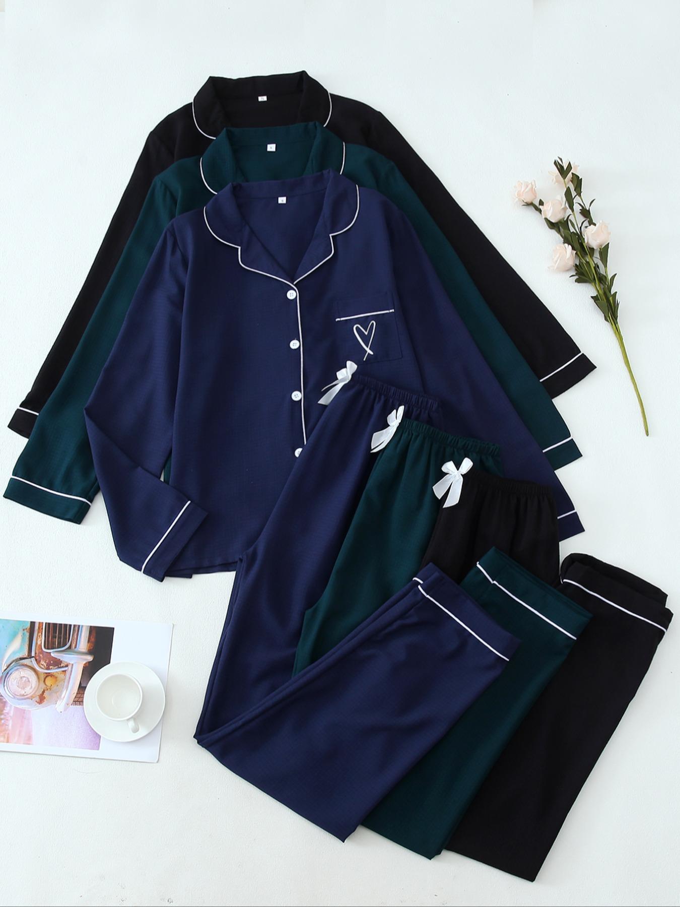 Women's Heart Embroidered Comfy Loungewear Pjs Lounge Co-ord Set, Casual Pajamas Set