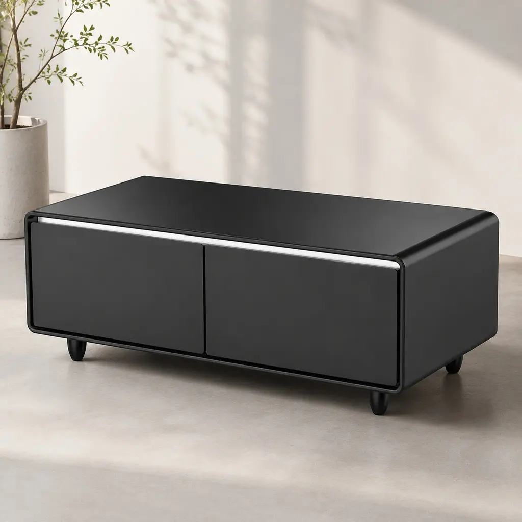Modern Arch Rectangle Glossy Black Coffee Table with 135L Built-In Refrigerator, 37-46°F Adjustable Temperature, Built-In Power Outlets & USB Ports, ABS+Rubber+Steel, 27.76W x 50.98D x 18.11H, Living Room Indoor Furniture