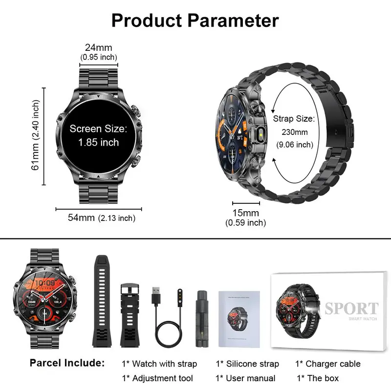 1.85-Inch Large-Screen Smartwatch with Call Answering, Calling, and Message Reminders, Wireless Multifunctional Smart Watch with Spare Silicone Band and Multiple Sports Modes for Men #GLOBAL PICKS