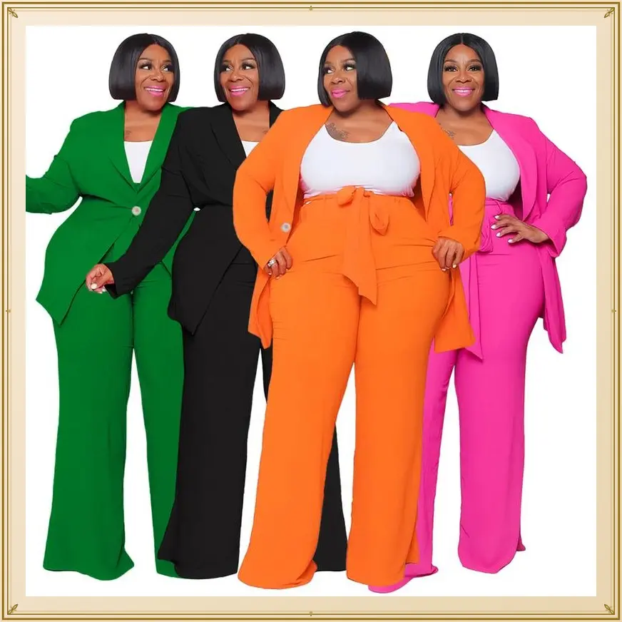 Plus Size Women's Business Suit Set Front Open Long Sleeve Blazer Elastic Waist Solid Color Straight Pants Set
