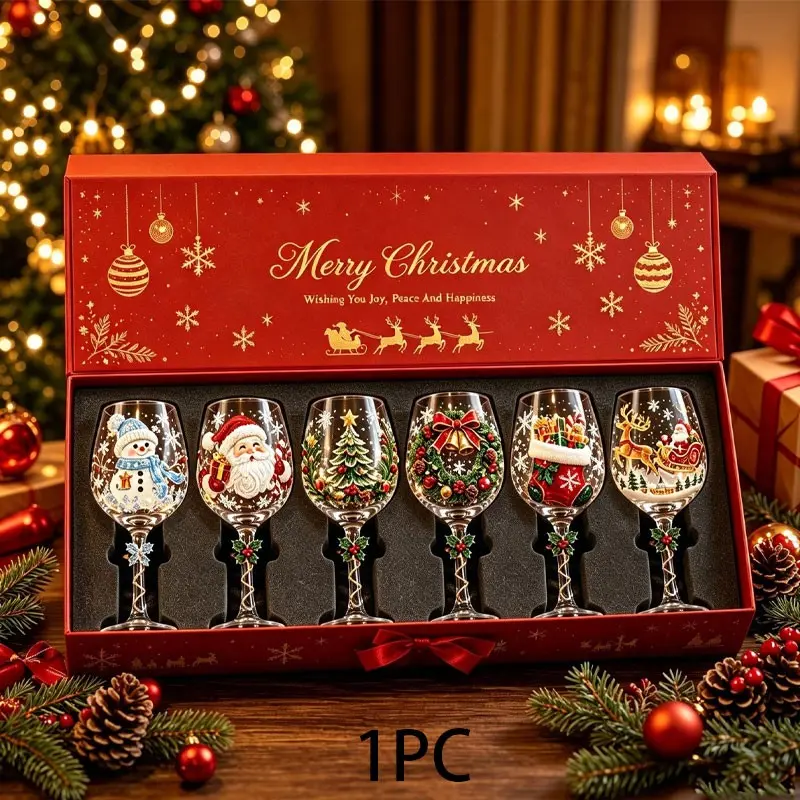 Christmas pattern tall glass cup - Santa Claus, Reindeer, Snowman printed red wine cup - Holiday table decoration glass wine cup - Christmas party gift home atmosphere drinking cup