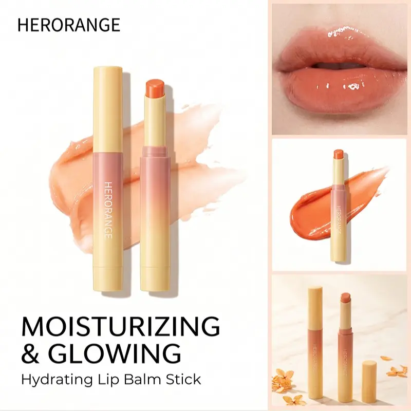 HERORANGE Fresh Cheese Lip Gloss stick features gradient cream yellow slim tube with twist-up design, clean and convenient. Three shades (peach, tangerine, nude gold) fit all skin tones. Lightweight non-sticky formula hydrates chapped lips, smooth lip lin