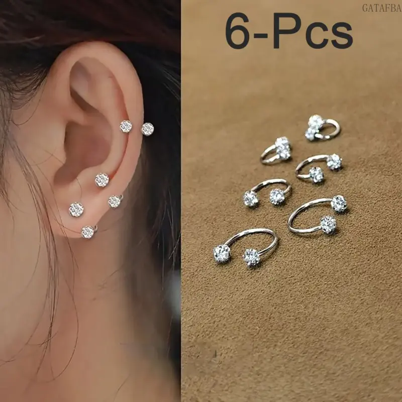 Cartilage Stud Earring Set, 6 Pairs Cubic Zirconia Stackable Jewelry for Women, C-Shape & Ball Designs for Earring Stacks, Cartilage Stud Earrings, Earring Stack