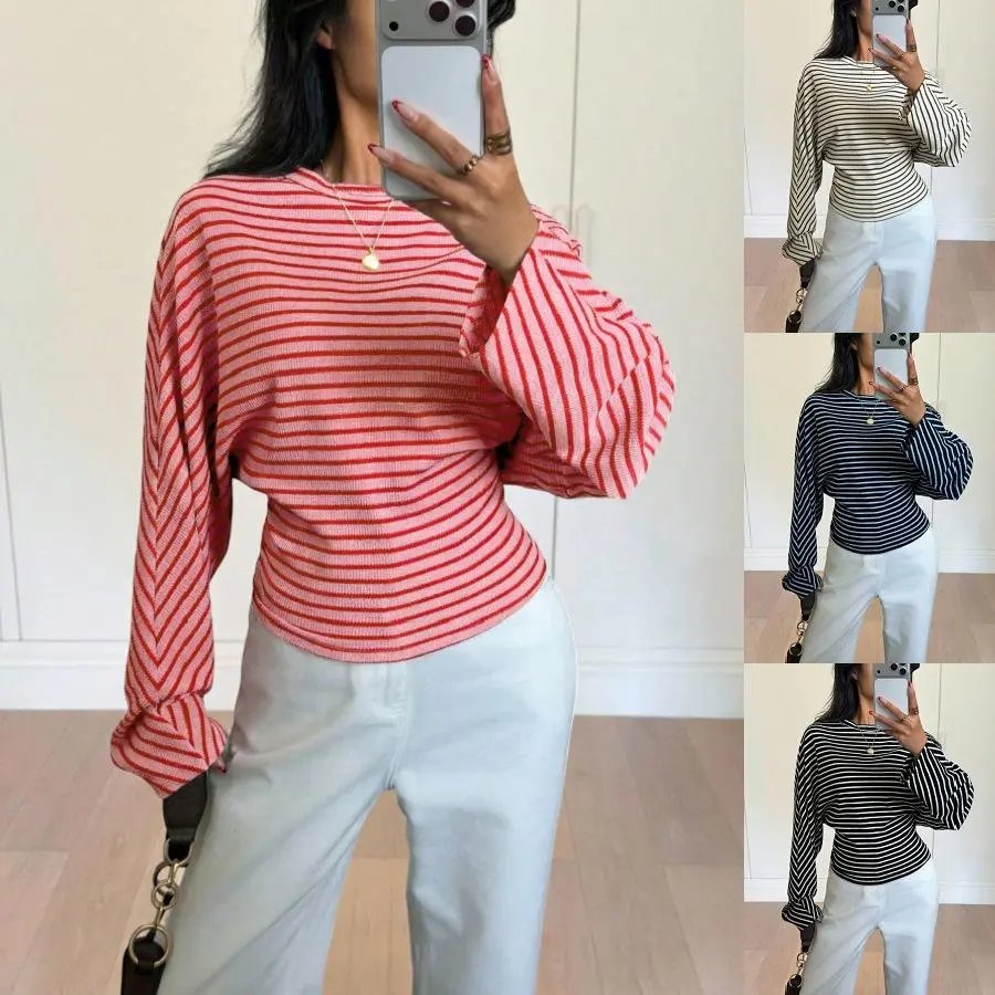 New for Autumn 2026! Cropped, striped waffle-knit top featuring batwing sleeves and a fitted waist.