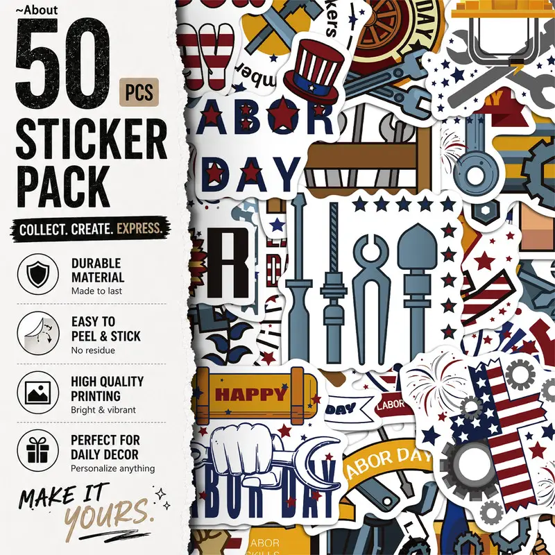 50PCS American Labor Day Aesthetic Vinyl Stickers Pack for Laptop Water Bottle Phone Case Skateboard Journal Scrapbook DIY Decoration