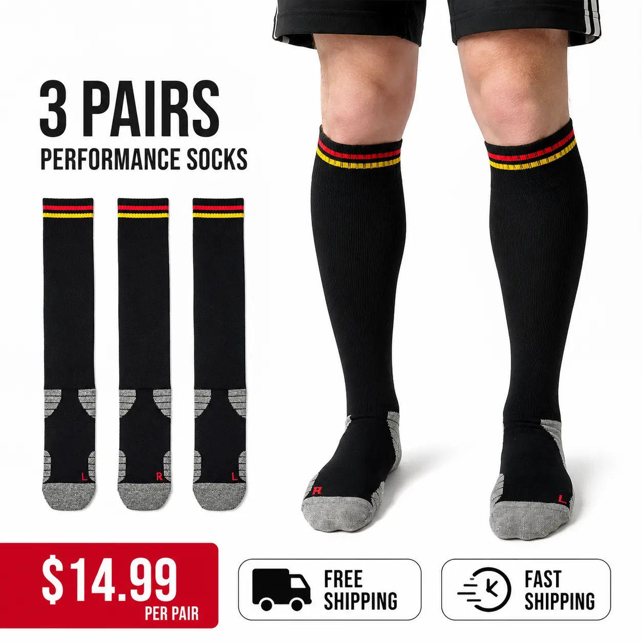 JUPICHUBI Men's Athletic Tube Socks (3 Pairs)| Black Red Yellow Stripe| Anti-Slip Grip Sole, Seamless Toe & Breathable Calf