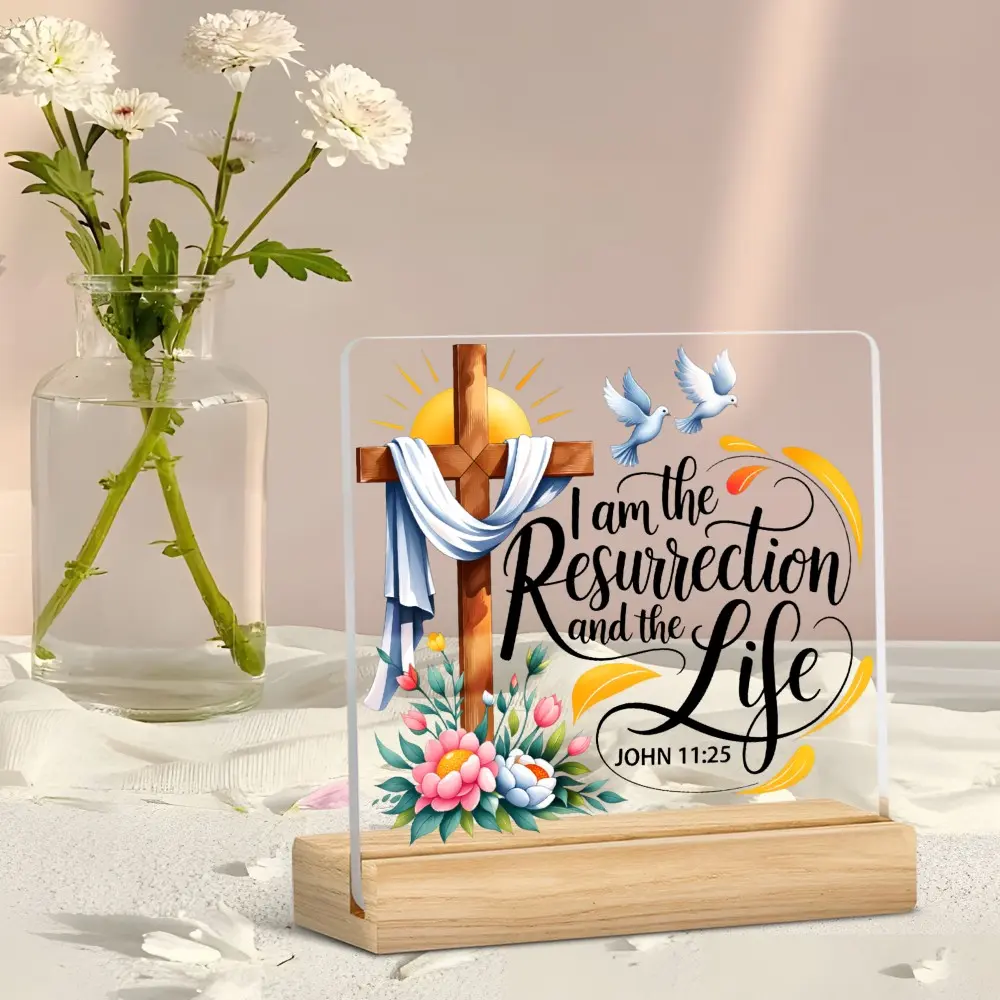 Acrylic Desktop Decor, Biblical Verse 'i Am Resurrection and Life', Easter Cross Dove Christian Home Decoration, Wooden Base Included