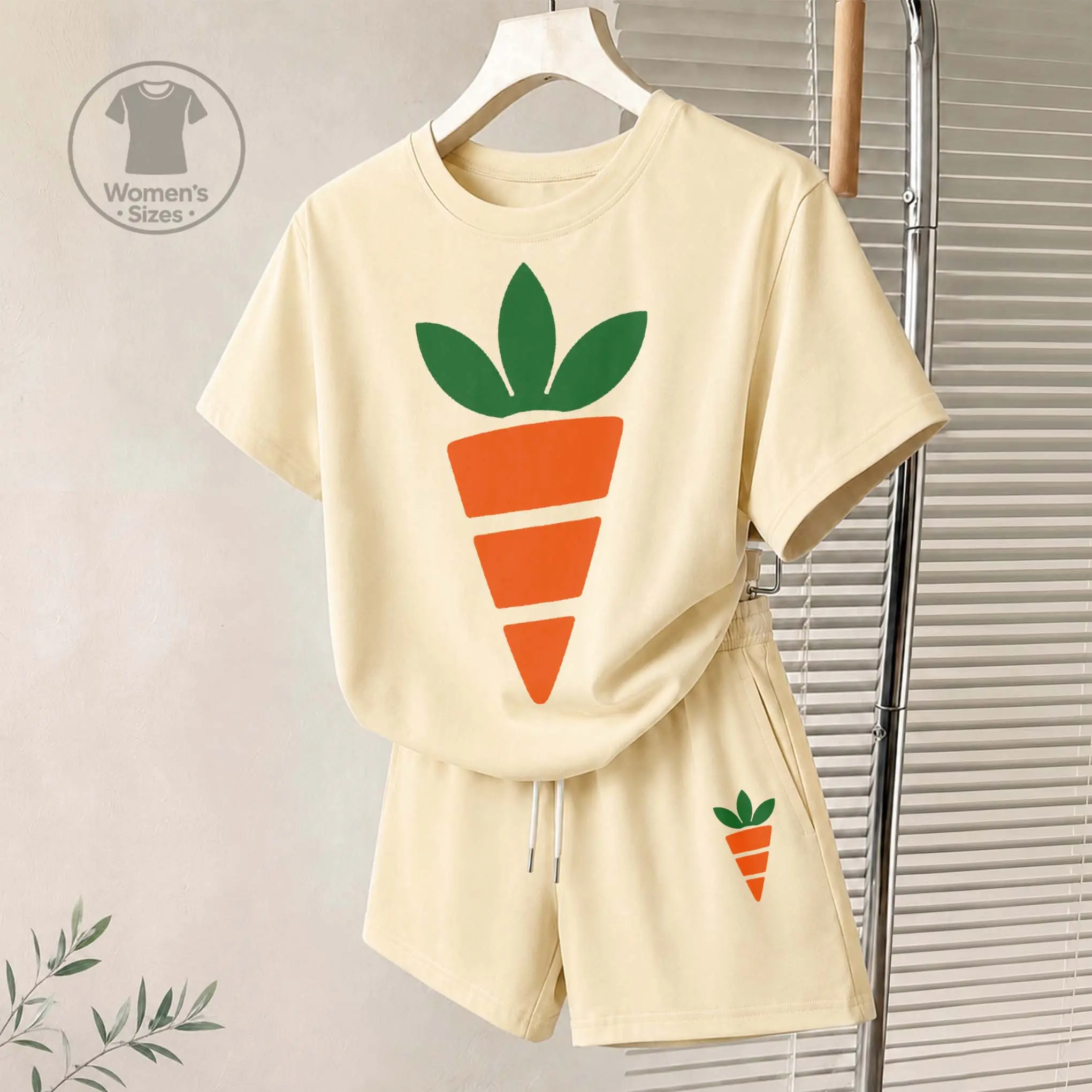 Women’S Casual Two Piece Set With Carrot Athletics Graphic Print, Soft Breathable Fabric, Relaxed Fit T-Shirt And Shorts, Perfect For Travel, Cruise, Beach, Shopping And Daily Summer Wear