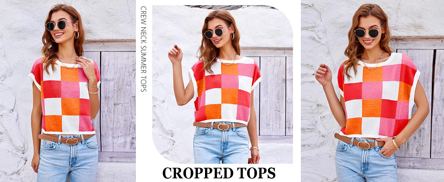 Saodimallsu Womens Cap Sleeve Crop Tops Summer Color Block Going Out Crew Neck Knit Trendy Casual Sweater