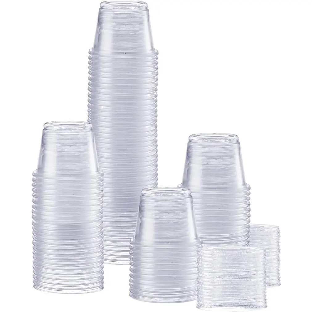 GUSTO 1 oz Jello Shot Cups with Lids [100 Count] Clear Plastic Portion Containers, Condiment Cups for Sauces, Dressings & Samples – Durable, Stackable, Leak-Resistant (Formerly Comfy Package)