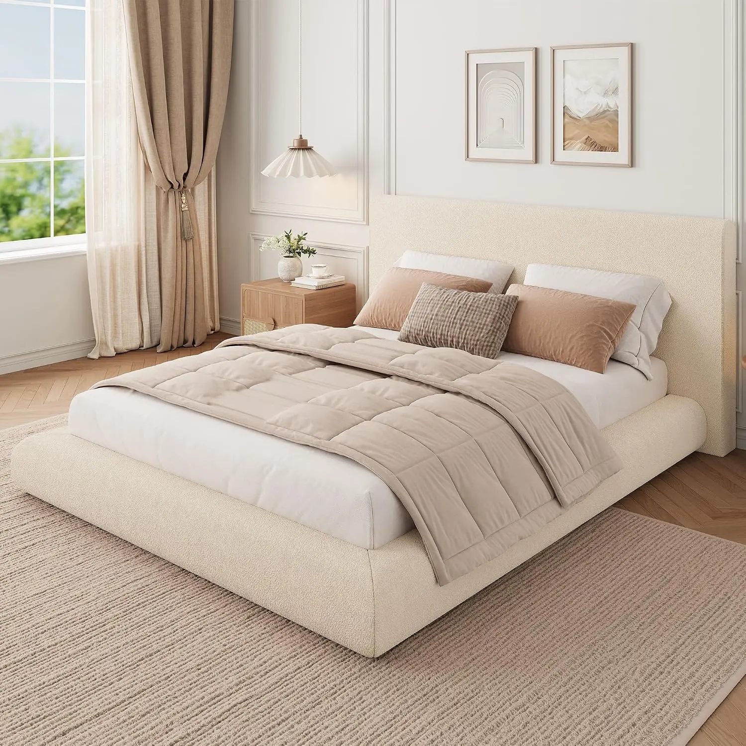 Teddy Fleece Upholstered Platform Bed Frame with Tall Soft Headboard, Low Profile Bed Base with Rounded Corners, Heavy Duty Steel Slat Support, No Box Spring Required, Available in Full Queen King Sizes, Cream White & Dark Gray