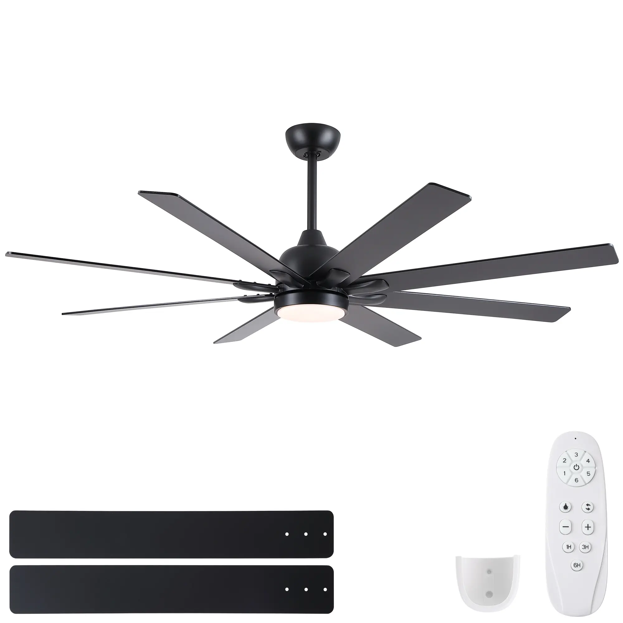 62-Inch Modern Black Indoor Ceiling Fan with Integrated LED Light, Remote Control, 6-Speed Reversible DC Motor, 3 Color Temperatures, Metal Plywood Blades, Timer, Sloped Ceiling Compatible, Metal Blades
