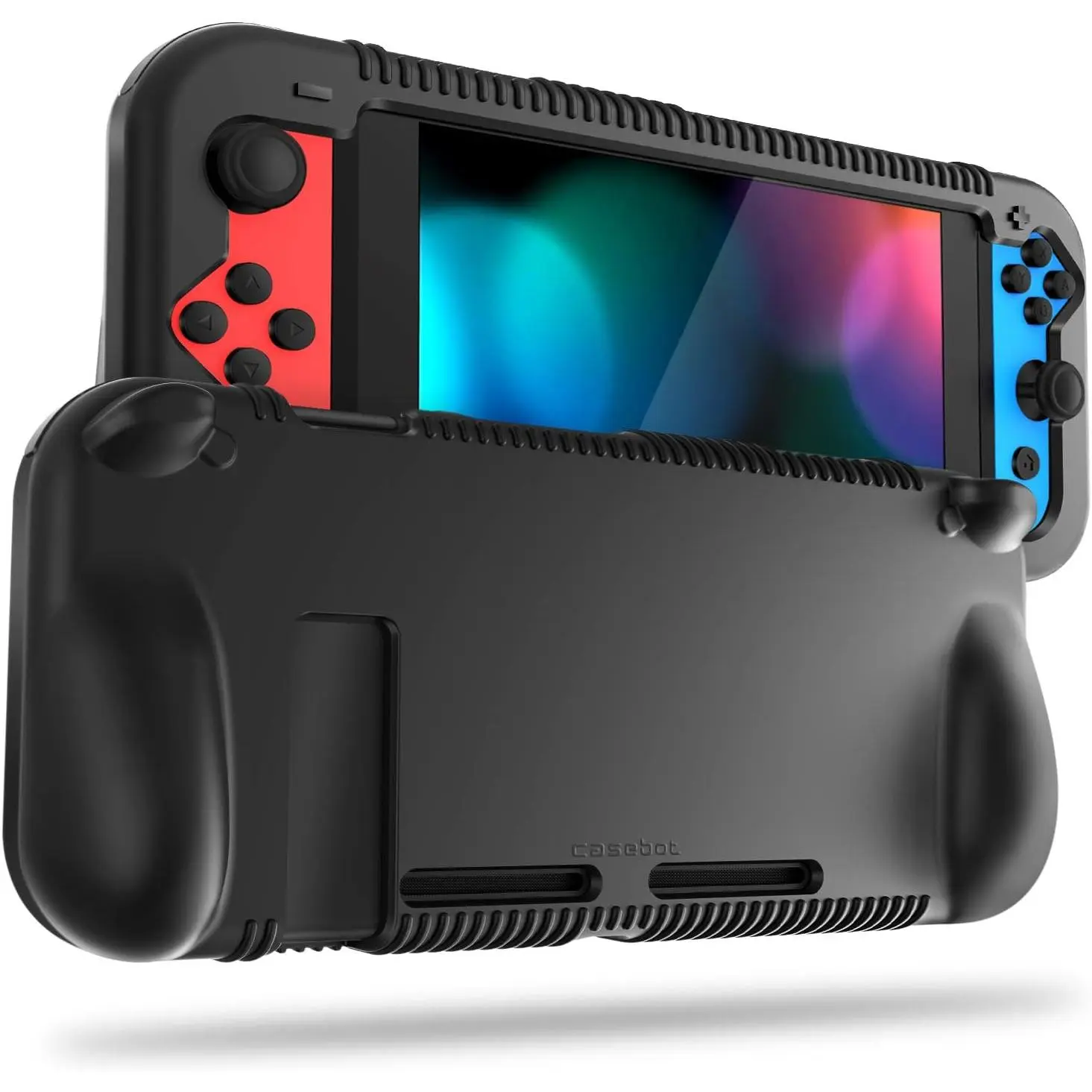 100% Childproof Silicone Protective Cover for Nintendo Switch Console - Soft Clay Ergo Grip, Tyre Pattern, Perforated Edges, Kickstand Access, Unique Corner Impact Guard, Anti-Slip, Handheld Gamer Accessories (Black, with Screen Protector)
