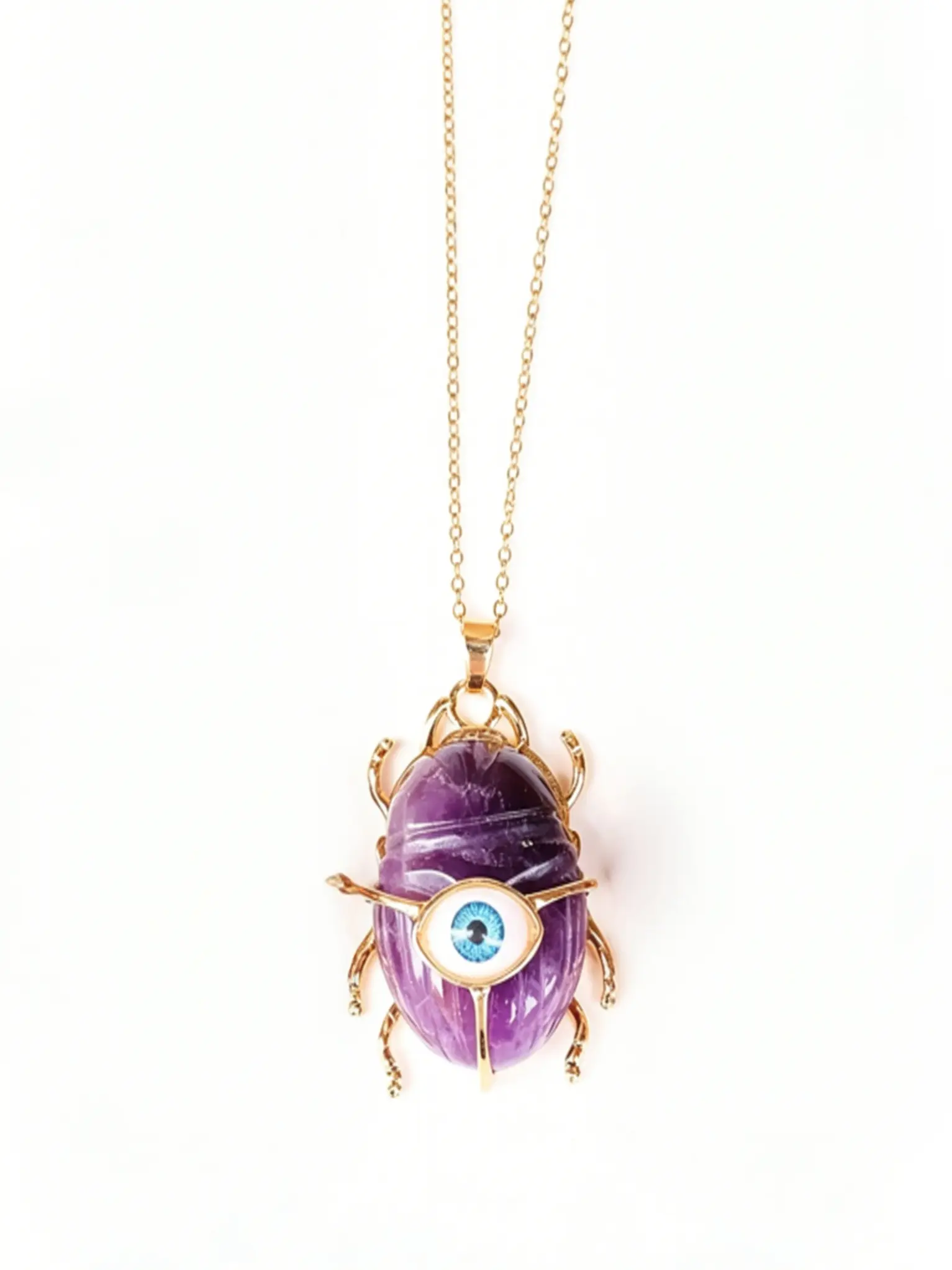 Natural Stone Pendant Necklace, Insect Shape Amethyst Lapis Lazuli Evil Eye, Handmade Jewelry, Energy Healing, Boho Style, All Seasons
