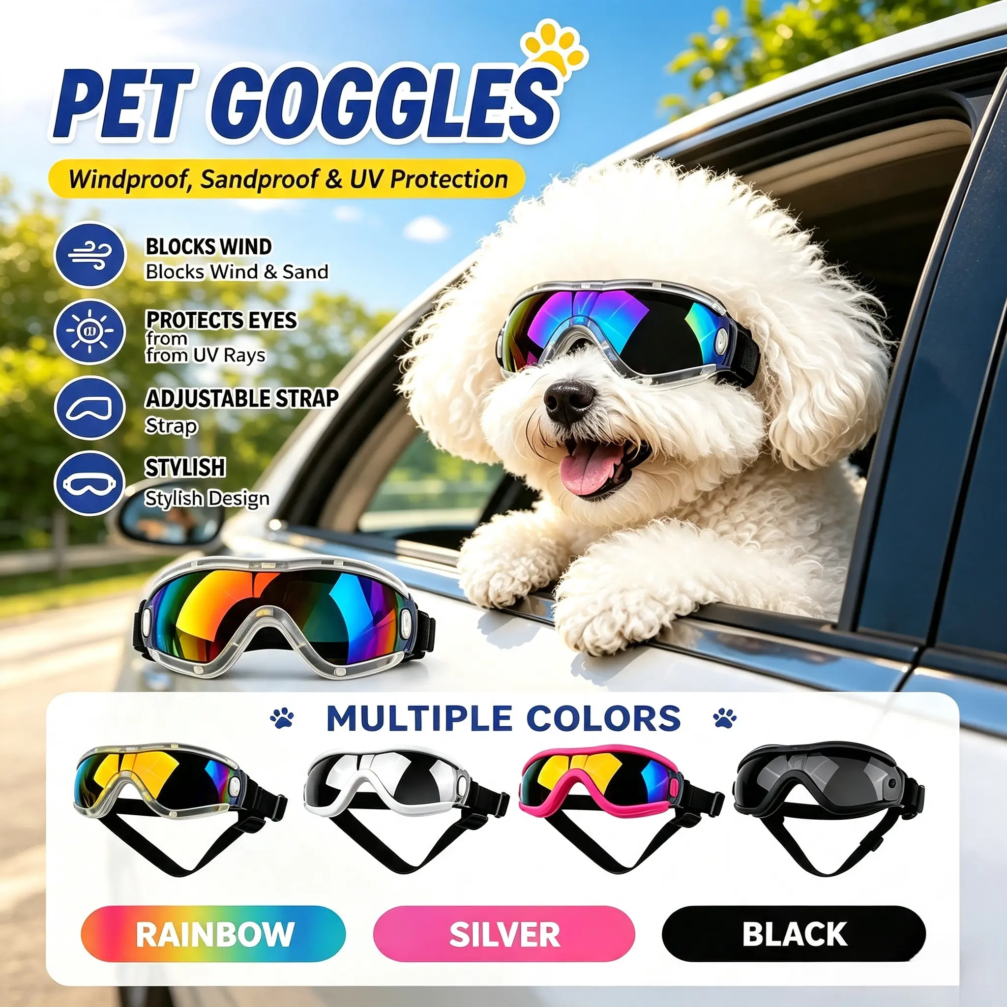Dog Goggles Sunglasses for Pets, Adjustable UV Protection Dog Glasses, Cute Outdoor Eye Protection Gear for Walking, Hiking & Travel
