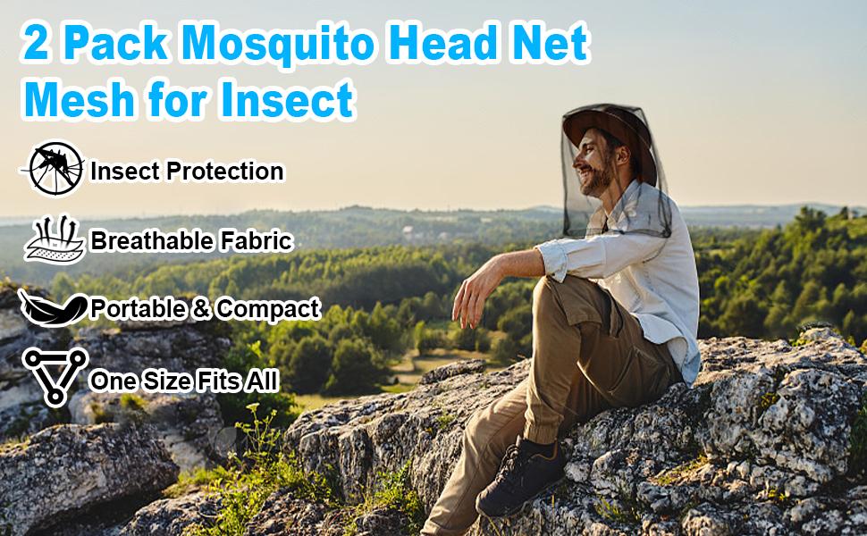 2 Pack Mosquito Head Net Mesh for Insect, Face Neck Fly Netting Hood from Bugs Gnats Noseeums Screen Net for Hiking, Outdoors, Fishing, Gardening, Black