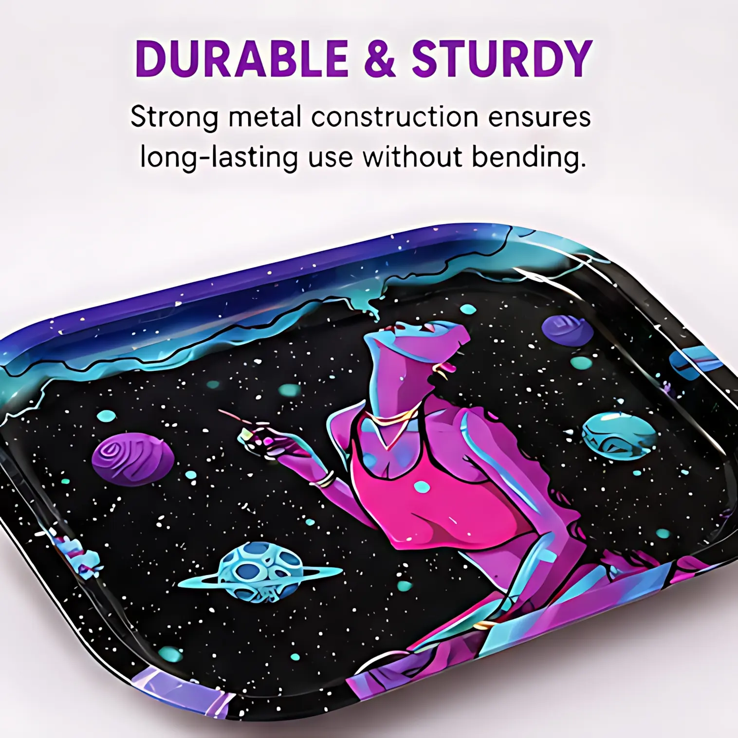 1Pc Decorative Metal Tray with Cosmic Galaxy Art, Aesthetic Rolling Tray, Space-Themed Organizer Tray for Jewelry, Keys, Perfume & Accessories, Decorative Accent Piece for Bedroom, Living Room & Home Decor