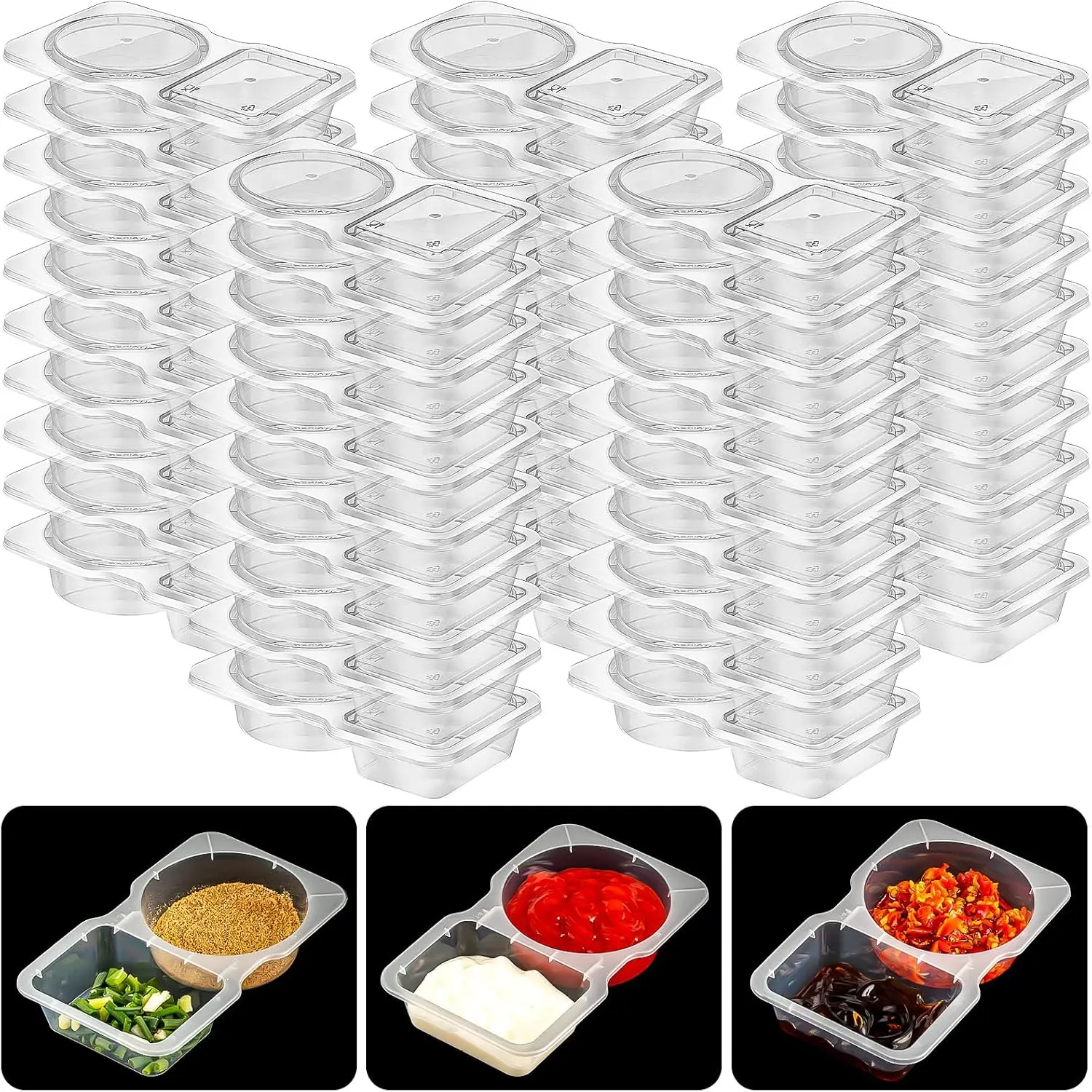 50 count Double Compartment Condiment Containers, Snack Containers for , 2 Compartments with  for Sauce, Sampling, Travel Snack