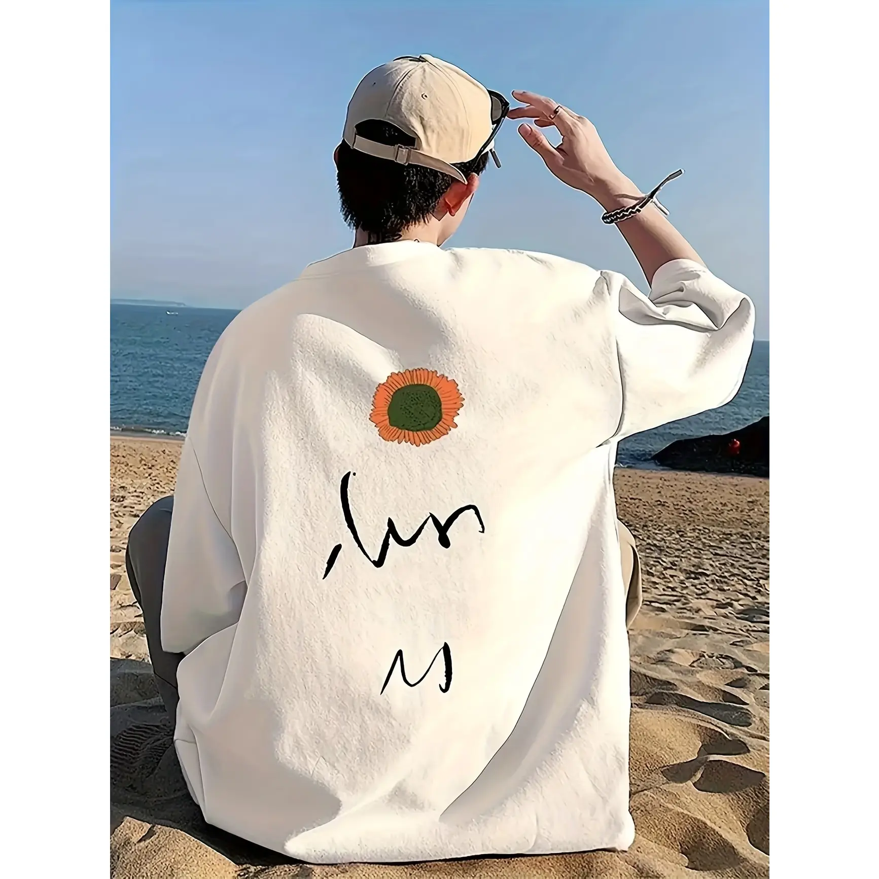 Minimal Sunflower Handwritten Art Graphic T‑Shirt, Back Print Printed Craft Tee, Comfort Loose Short Sleeve Top, Fashion Aesthetic Oversized Outfit For Men Women Teens, Boho Nature Lover Tee, Ideal for Beach Vacation Daily Wear, Best Valentine's Day Gift,