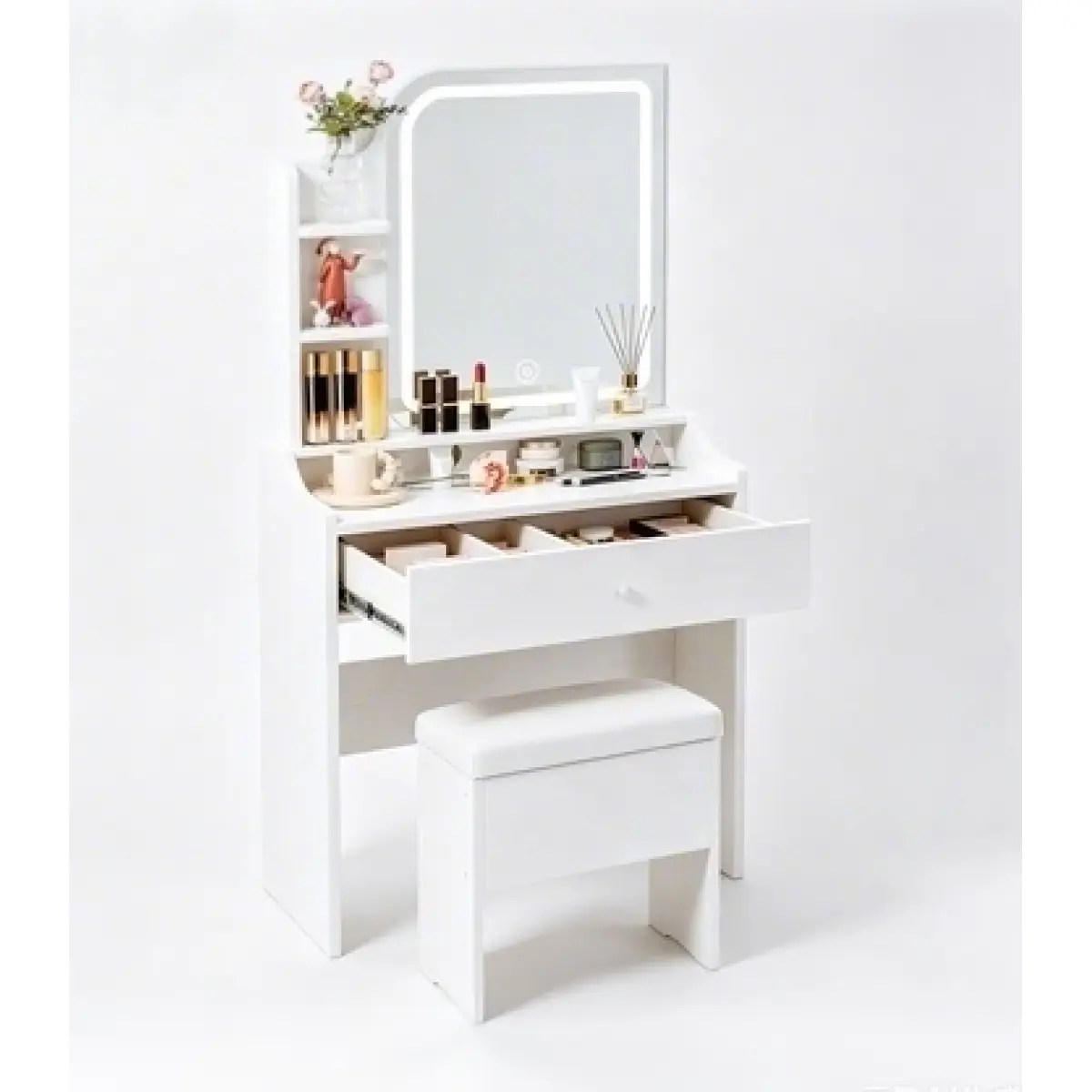 White Vanity Set with Smart LED Mirror & Storage - Adjustable Portable 24.40 x 15.40 x 59.00 inches Versatile Women's Bedroom Makeup Table for Vanity Organization, Ideal for Bedrooms, Dormitories